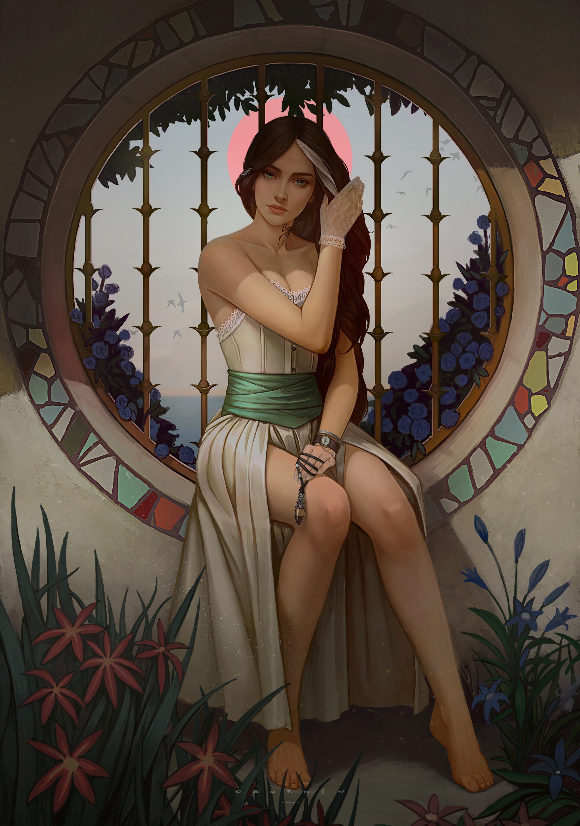 Woman in white dress sitting by a circular window HD Phone Wallpaper