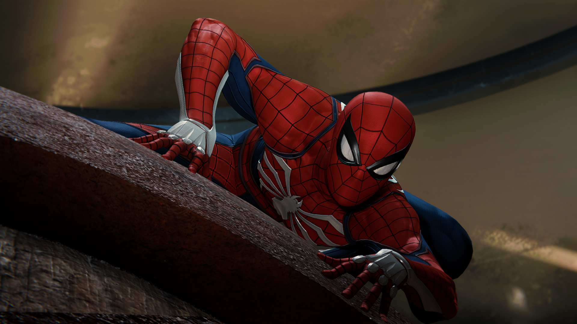 Spider-Man climbing on a wooden beam HD Wallpaper