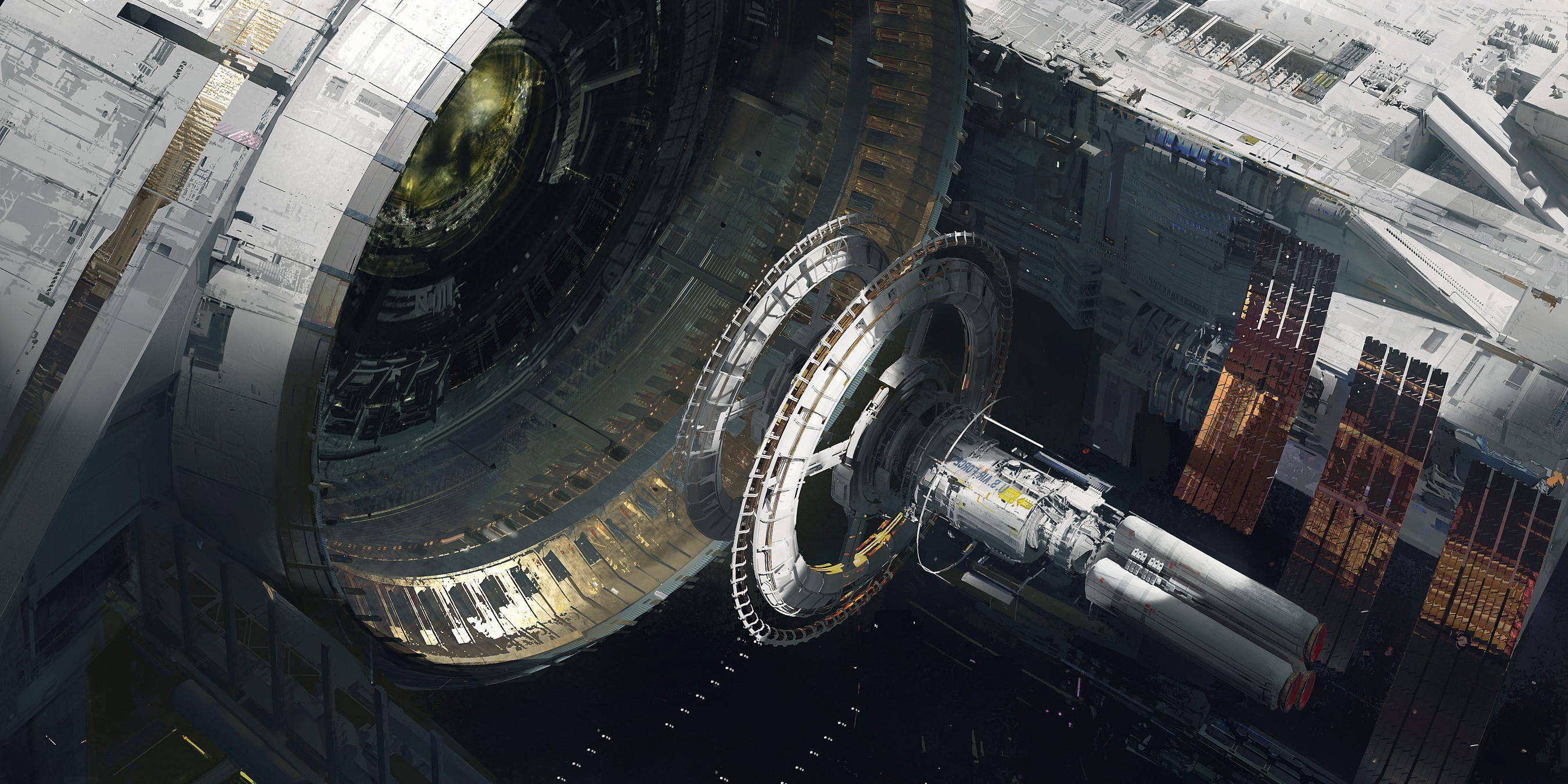 Futuristic space station with rotating rings and solar panels HD Wallpaper