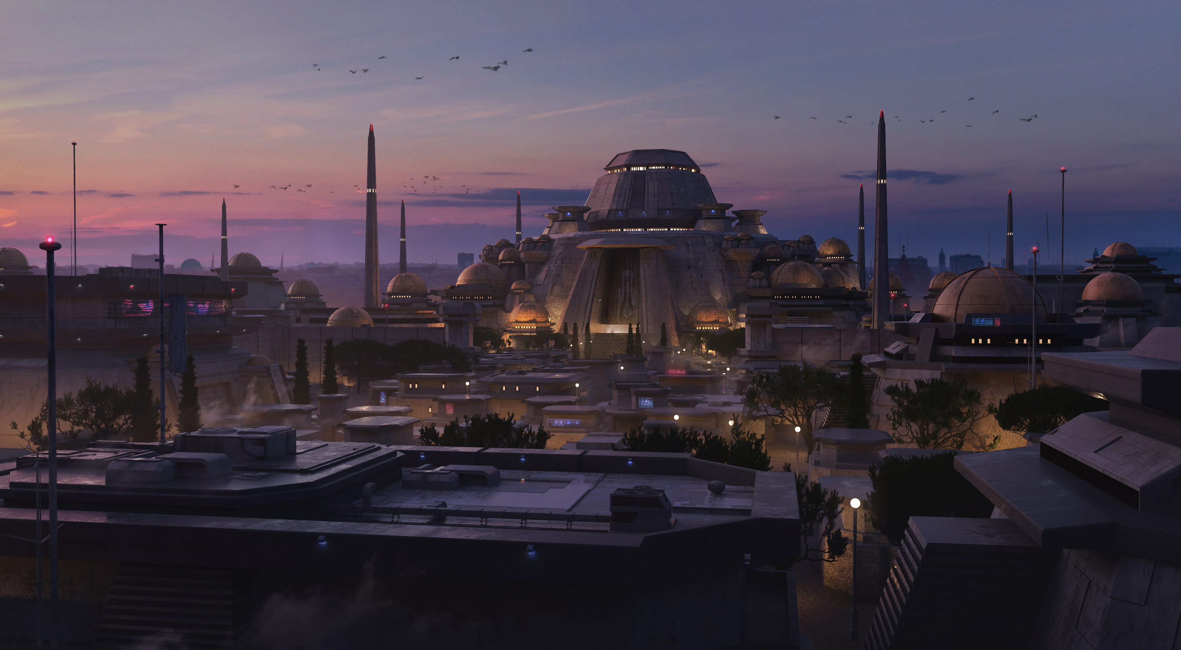 Futuristic city at dusk with sunset glow HD Wallpaper