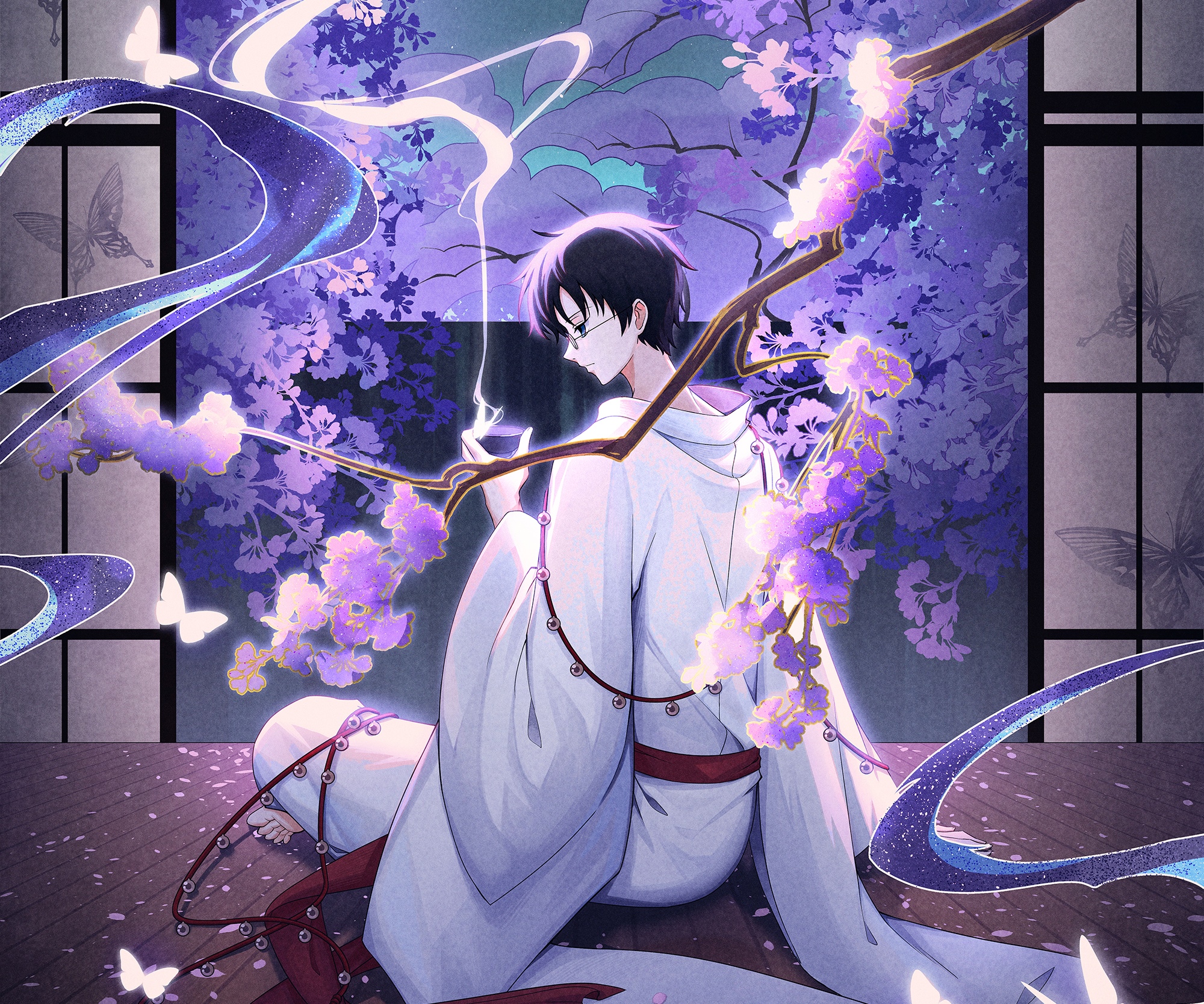 Watanuki Kimihiro in a kimono with cherry blossoms and butterflies HD Wallpaper