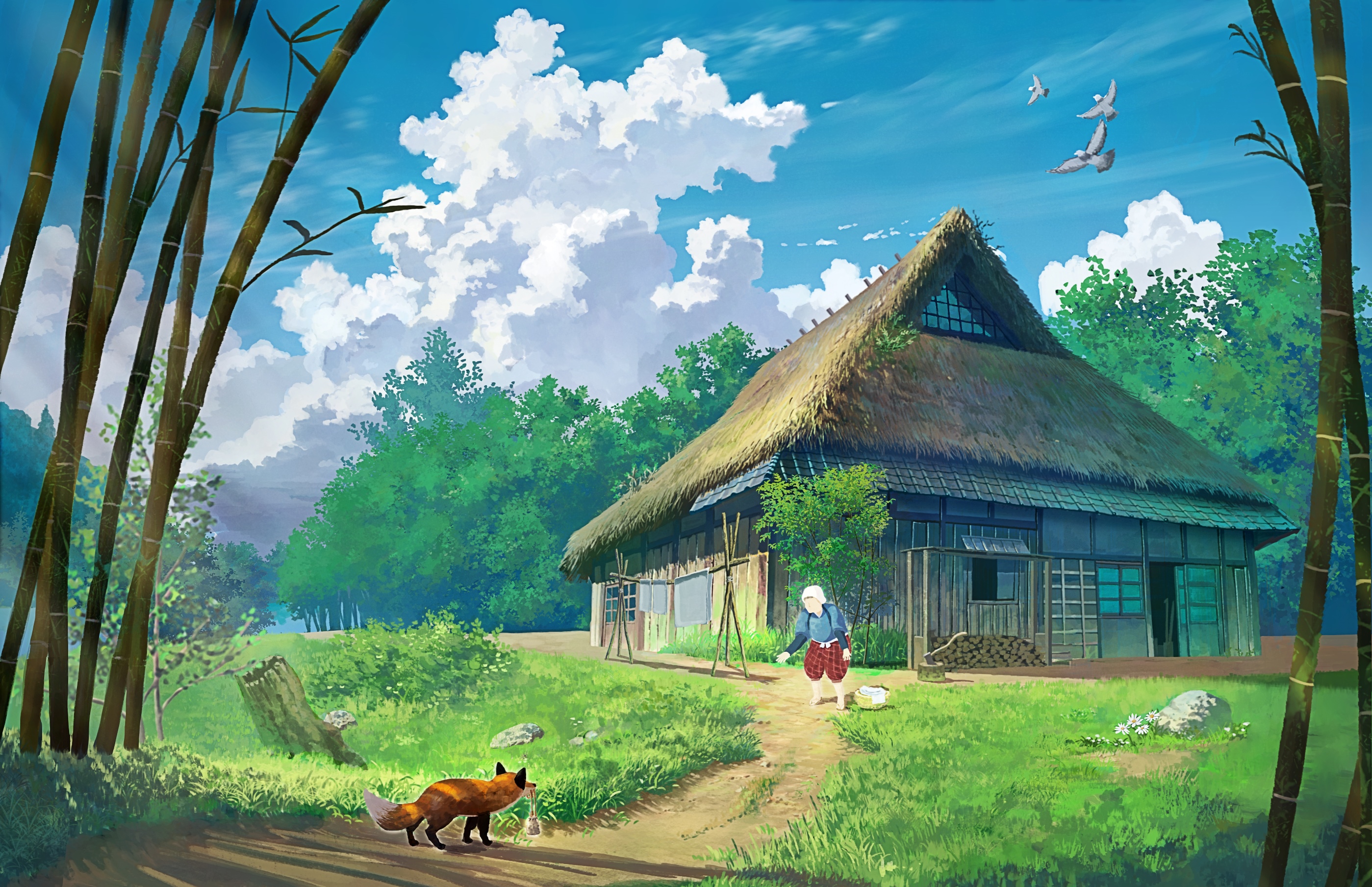 Fox and person near a thatched roof house in Japan HD Wallpaper