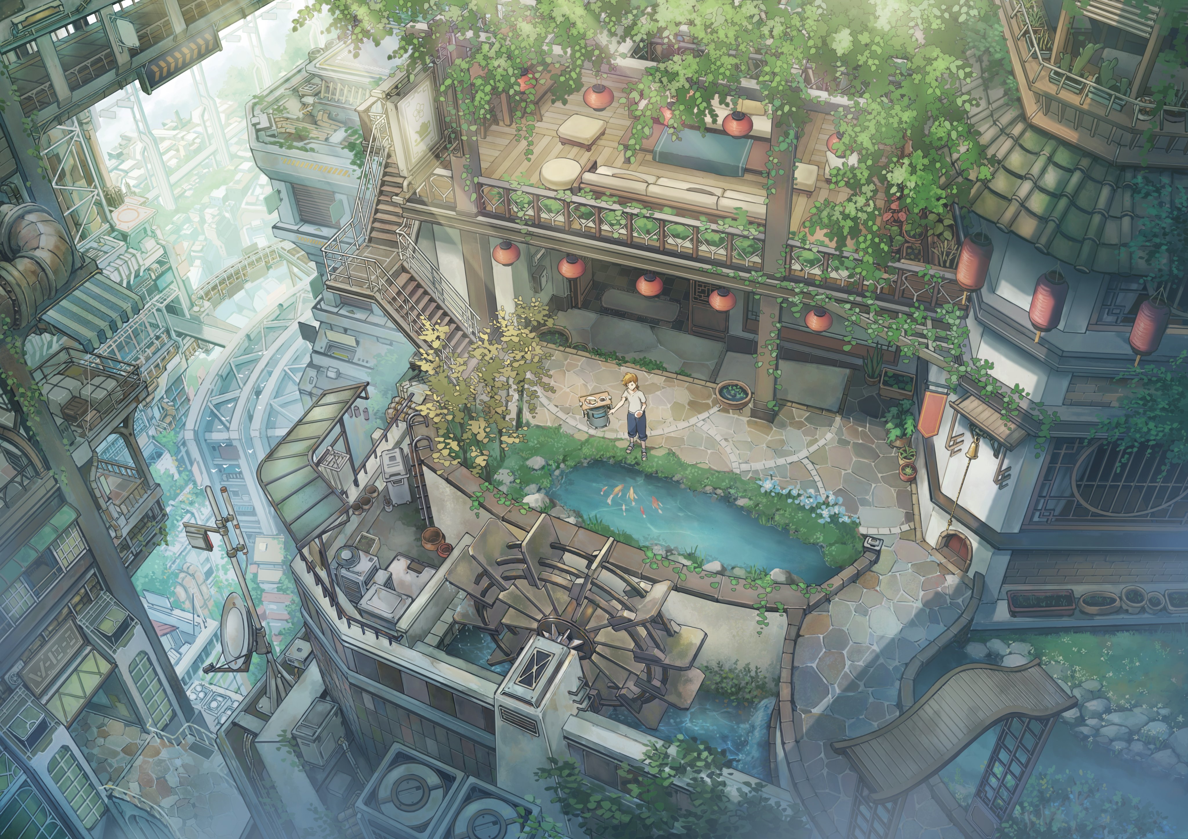 Fantasy architecture with pond, fish, and watermill HD Wallpaper