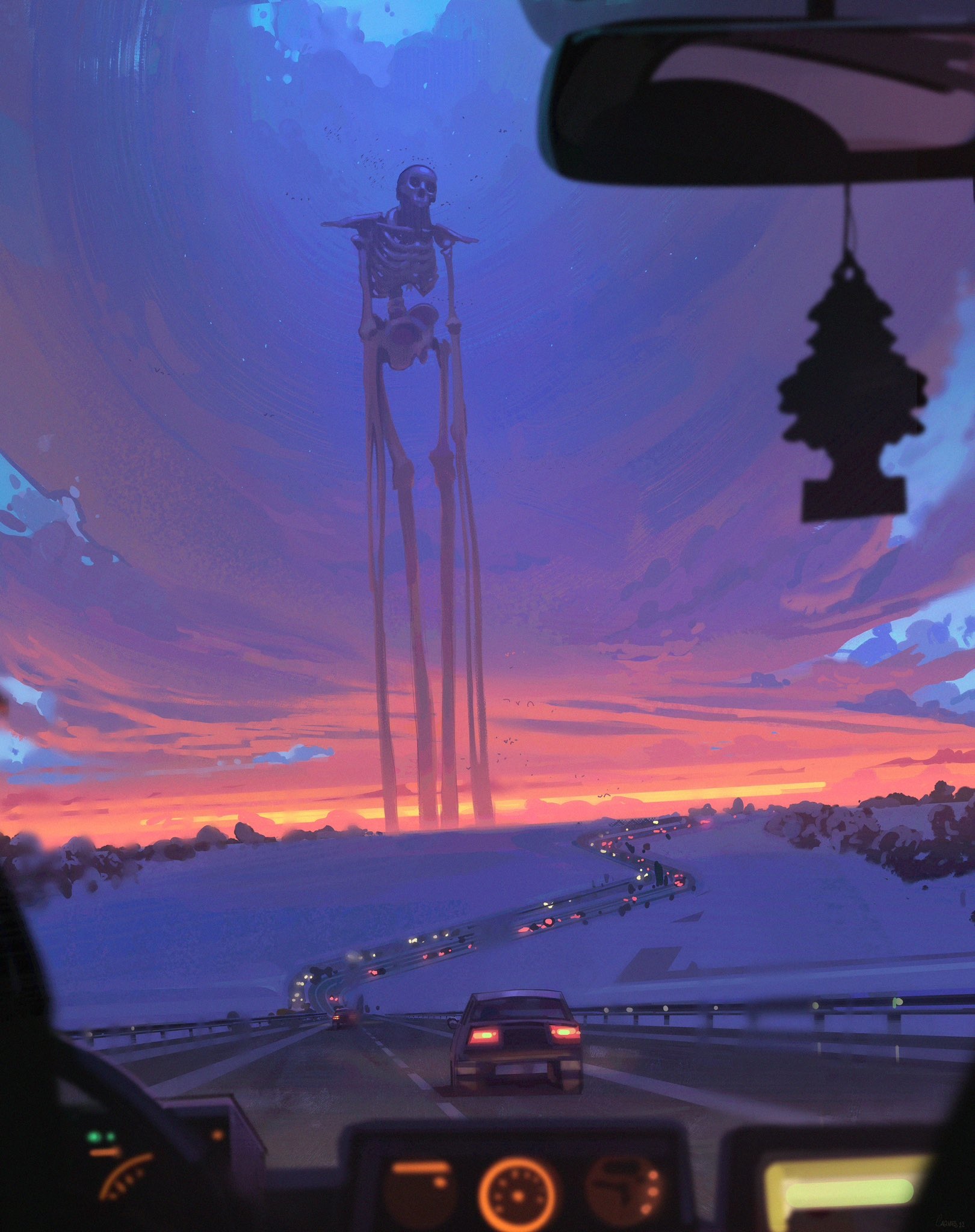 Giant Skeleton Overlooking Highway Traffic at Sunset HD Phone Wallpaper
