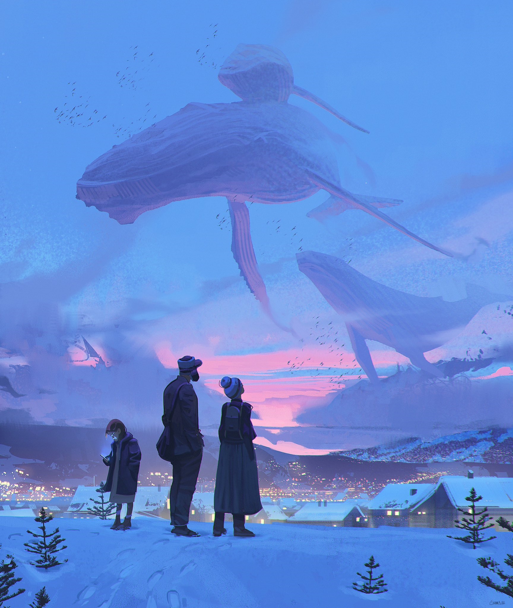 Whales in the sky over a snowy village HD Phone Wallpaper