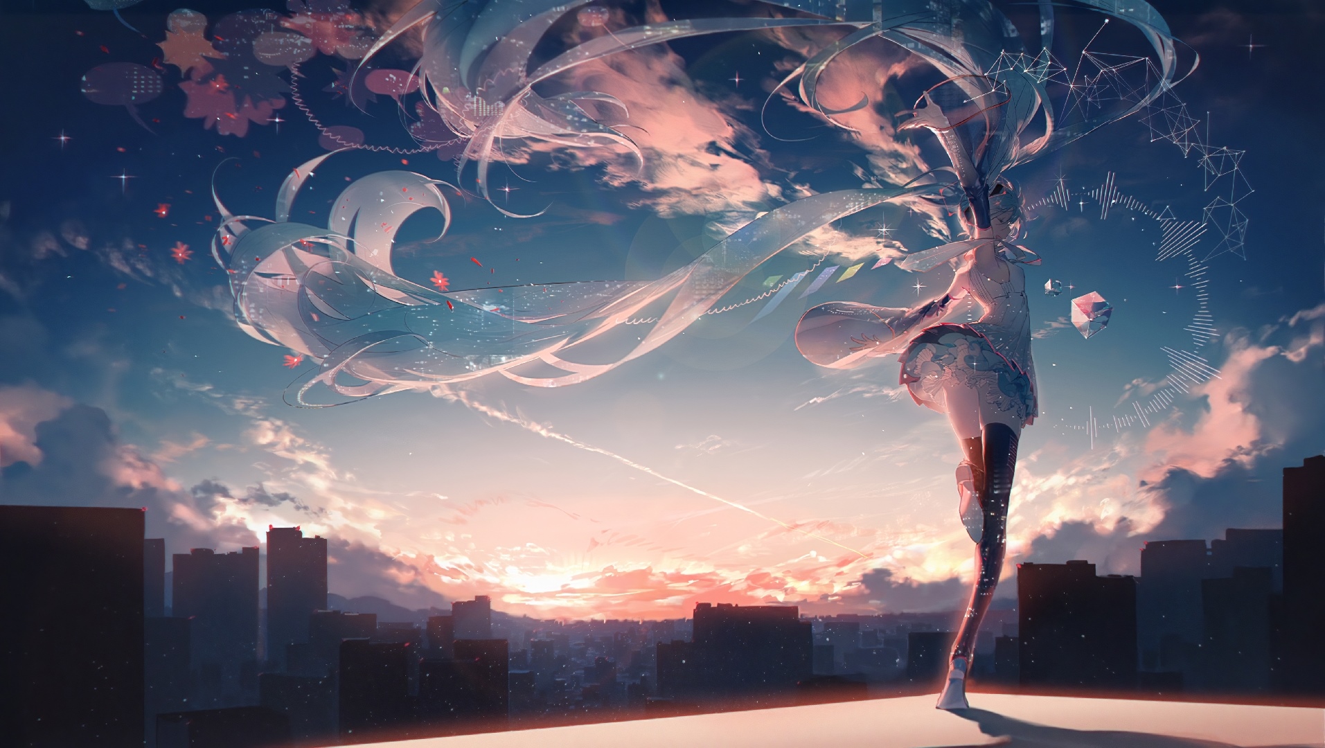 Hatsune Miku dancing in the sunset sky over a city HD Wallpaper