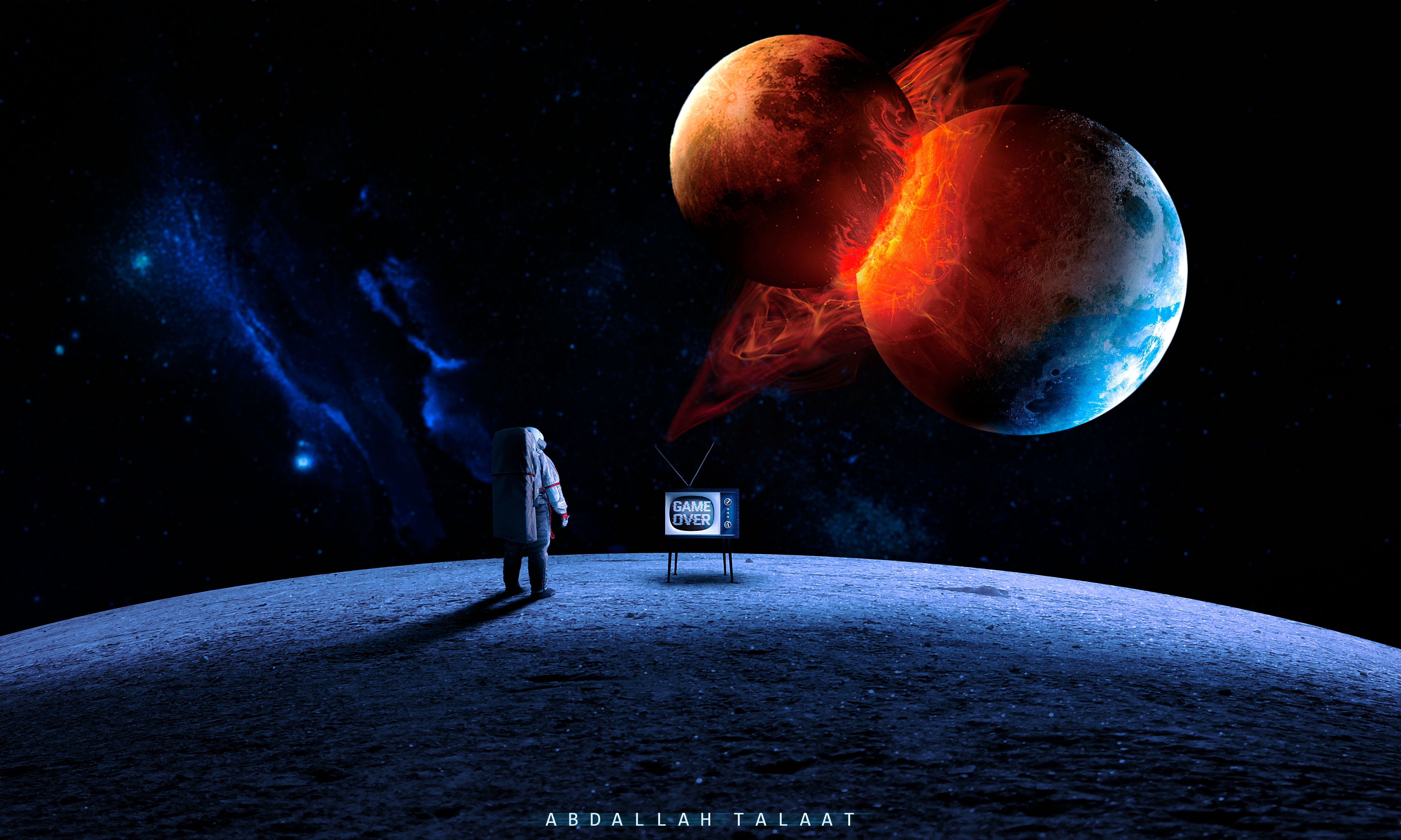 Astronaut watches GAME OVER on TV with destroyed planets HD Wallpaper