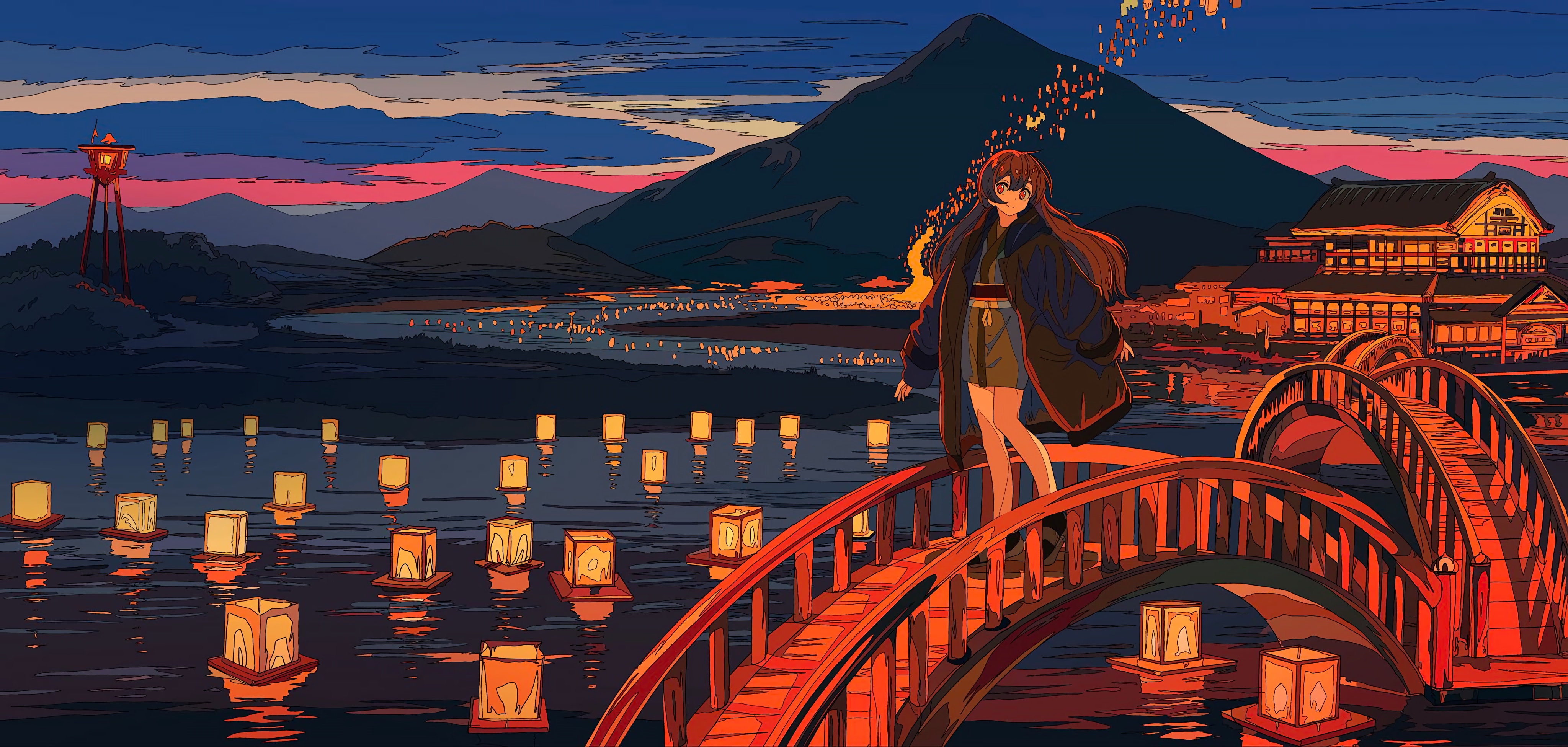 4K Japanese Lantern Festival with Girl on Bridge HD Wallpaper