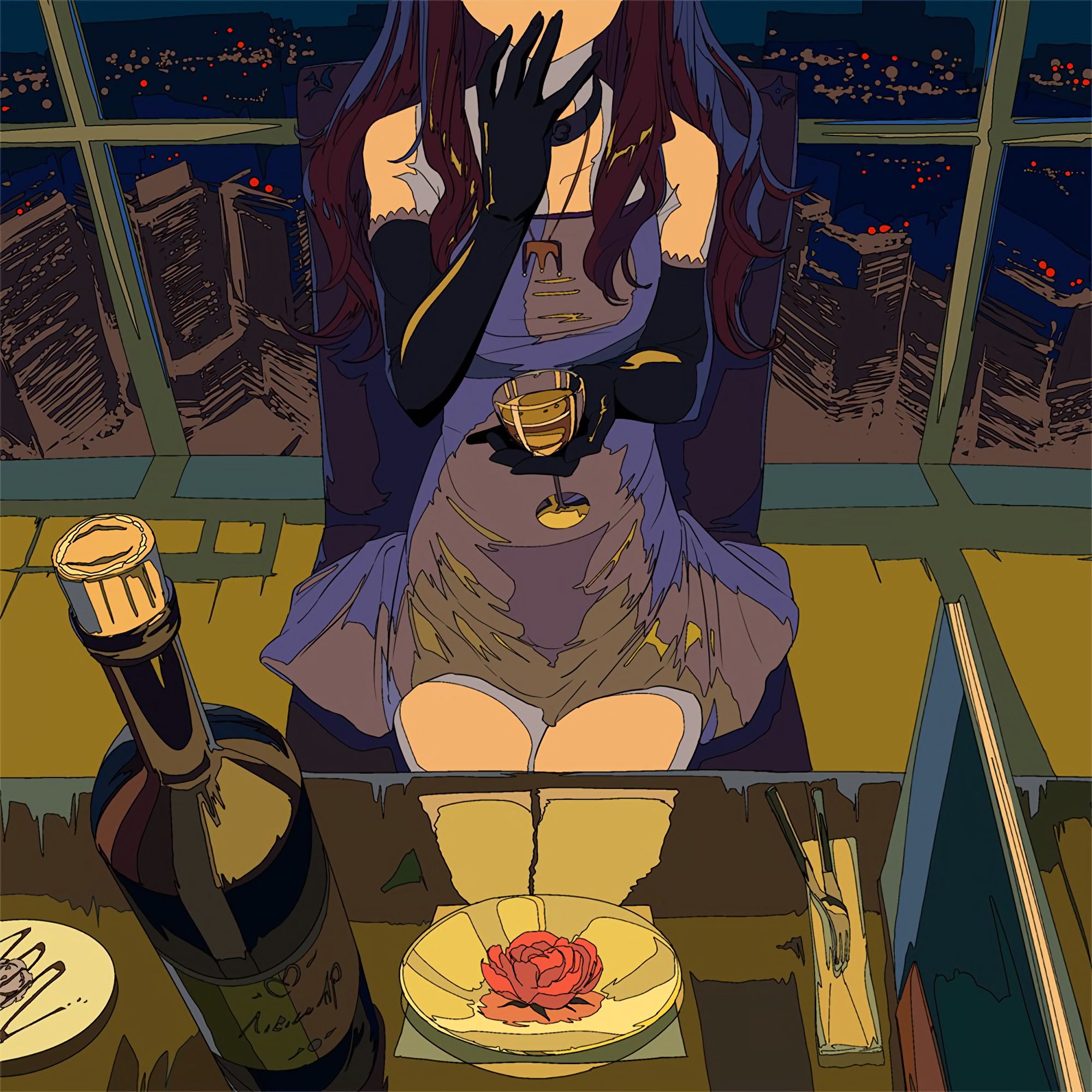 Woman in dress with wine and rose at night HD Wallpaper