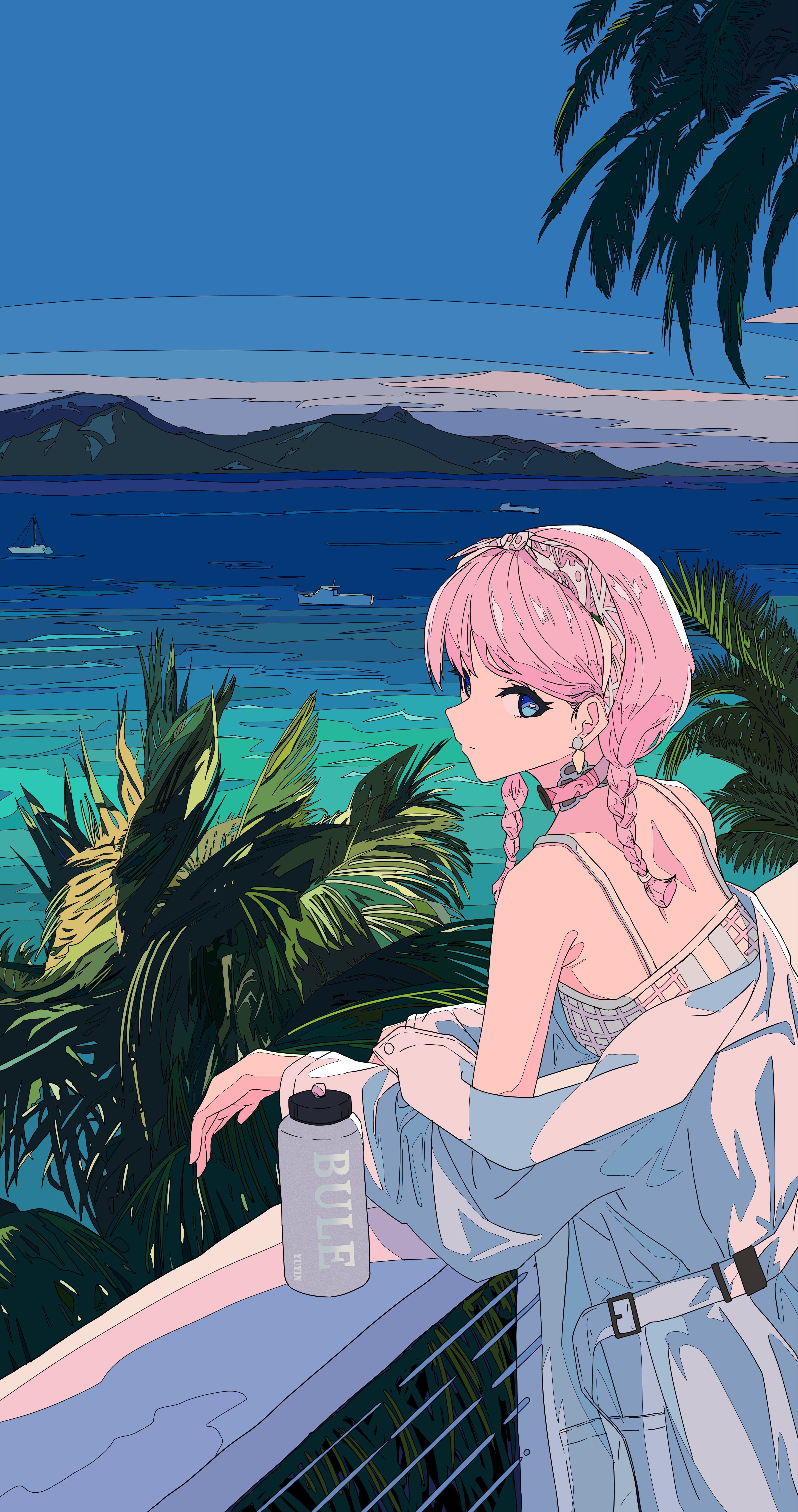 Anime girl with pink hair and braids on a balcony overlooking the ocean HD Phone Wallpaper