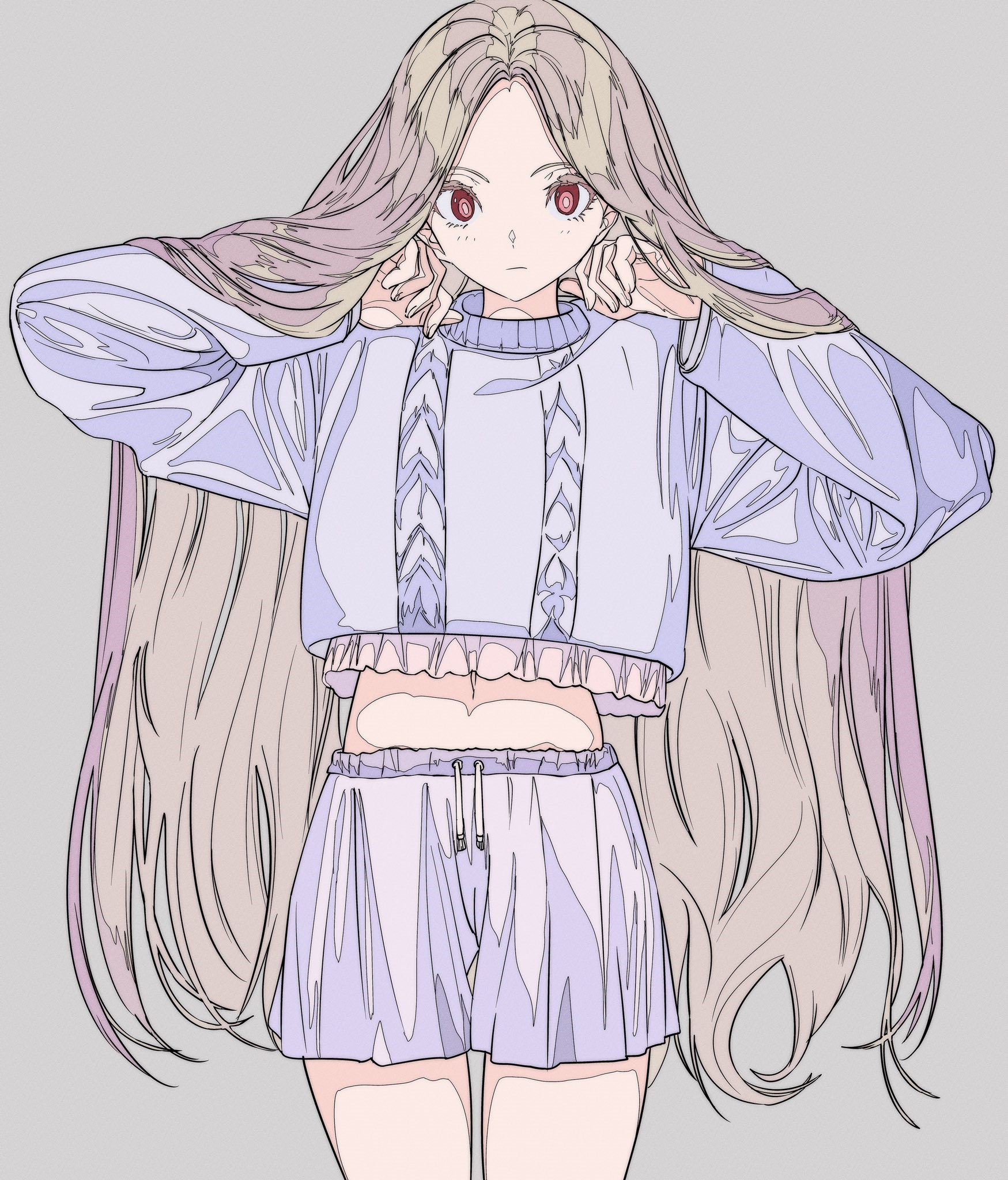 Anime girl with long hair wearing a sweater and shorts HD Phone Wallpaper