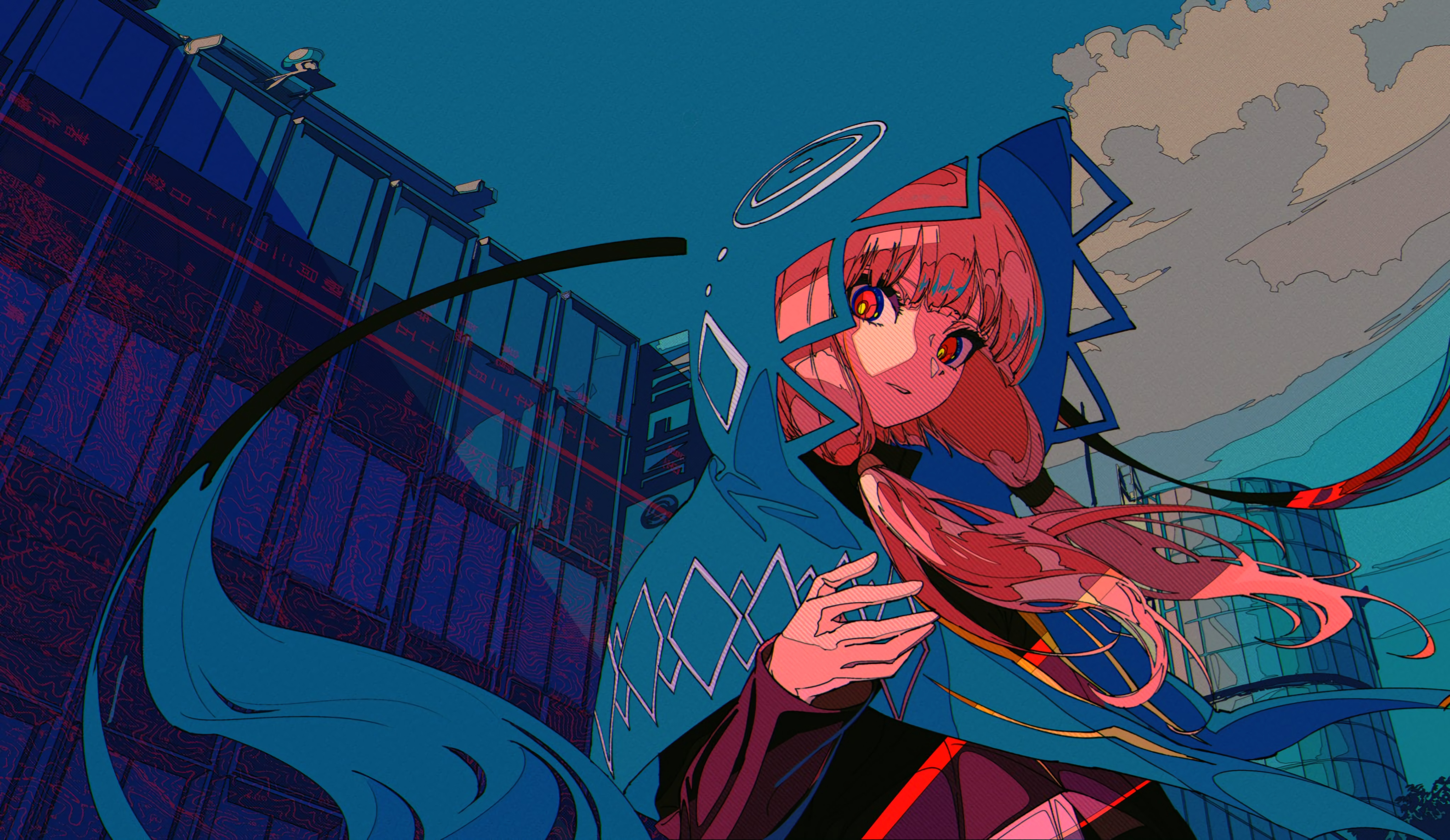 4K Anime Girl with Pink Twintails and Blue Cloak HD Wallpaper