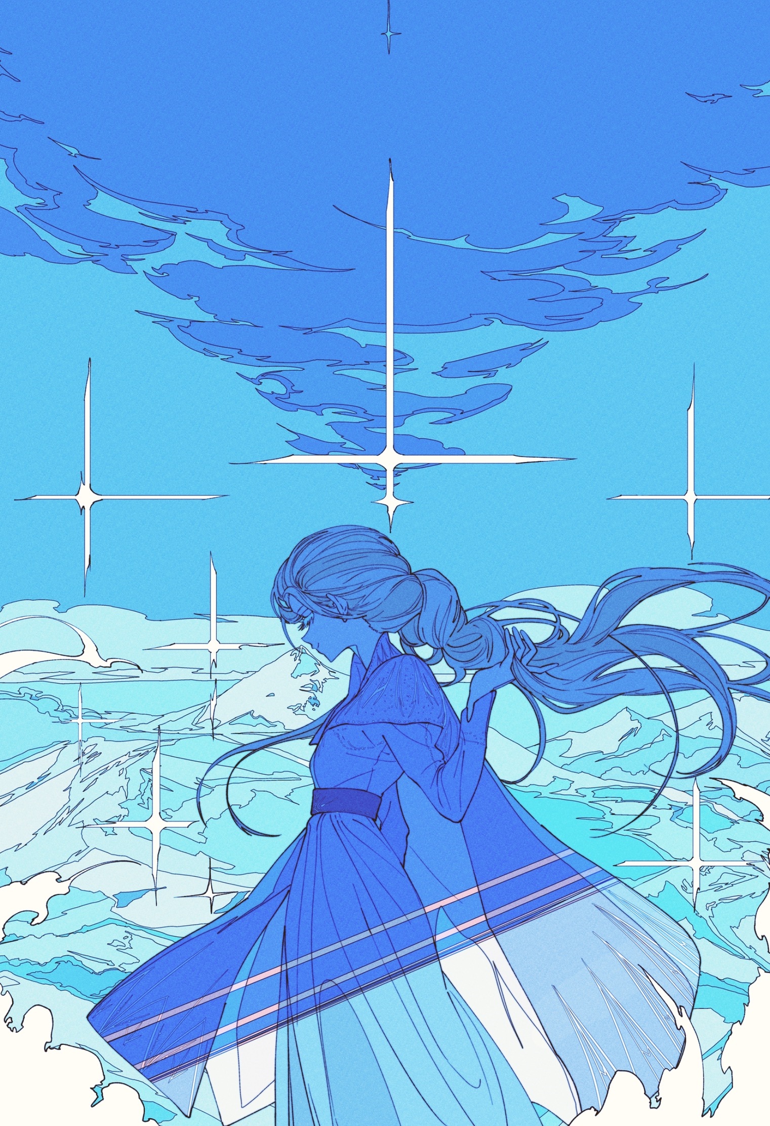 Anime girl with blue hair and dress in the sky HD Phone Wallpaper