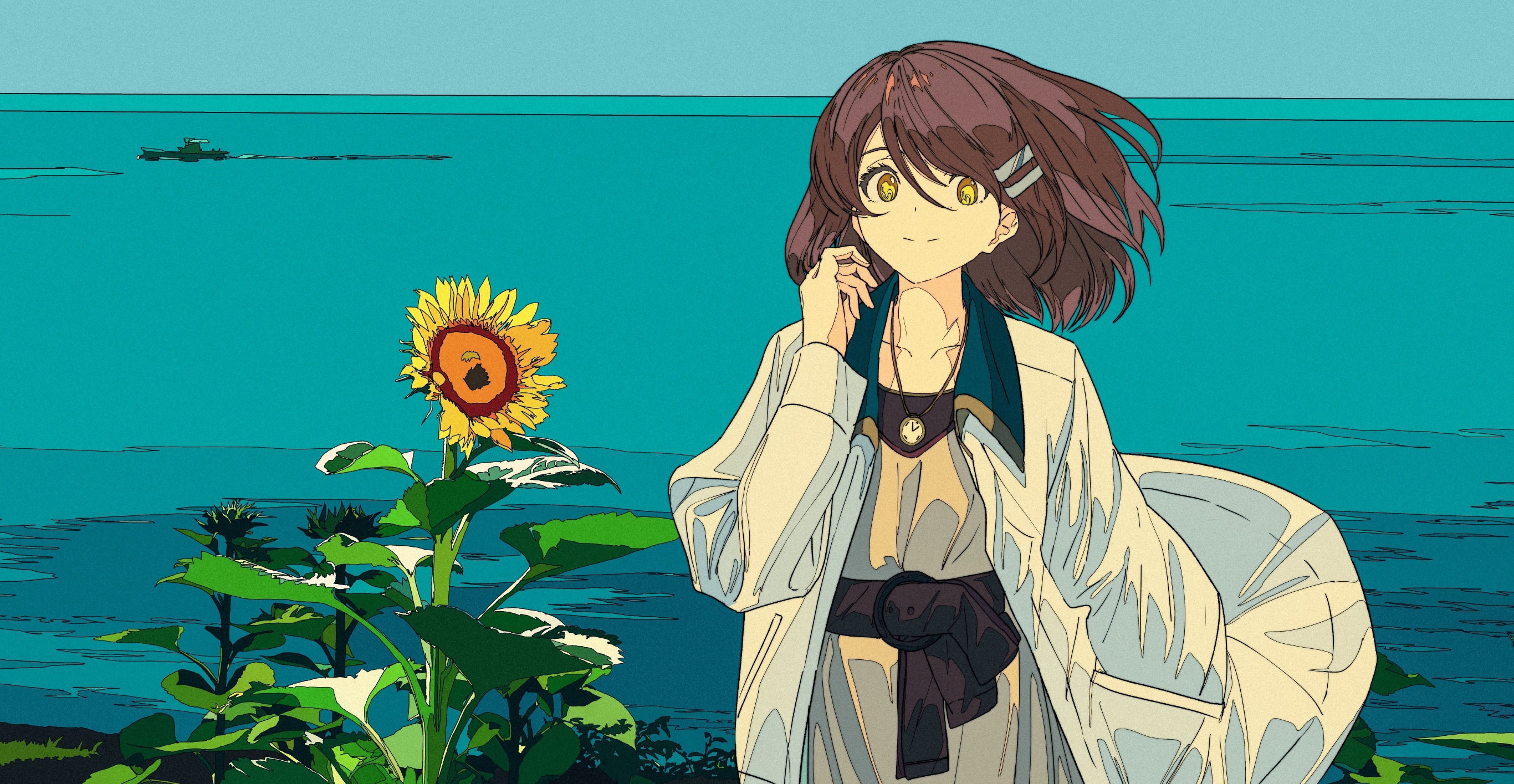 Girl with sunflowers by the sea HD Wallpaper