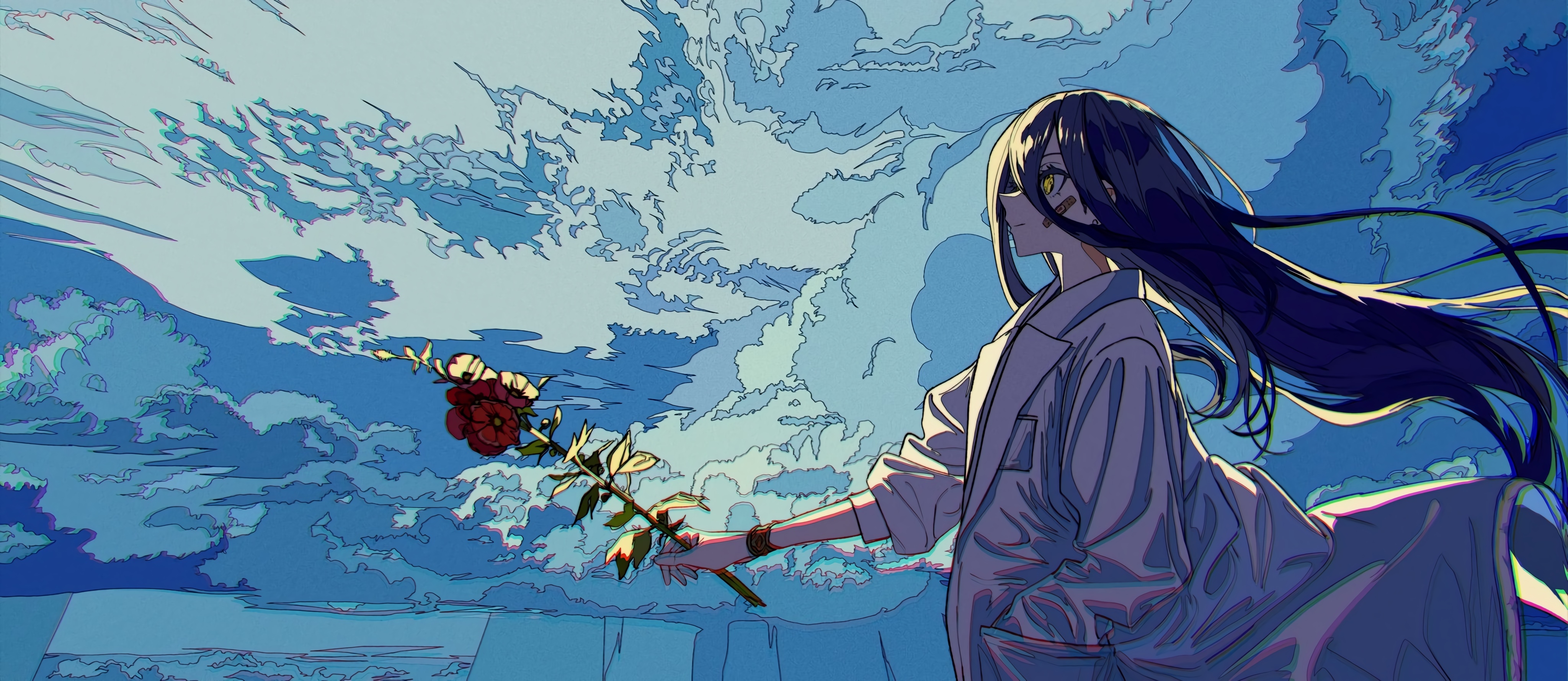 Girl with yellow eyes holding a rose under clouds HD Wallpaper