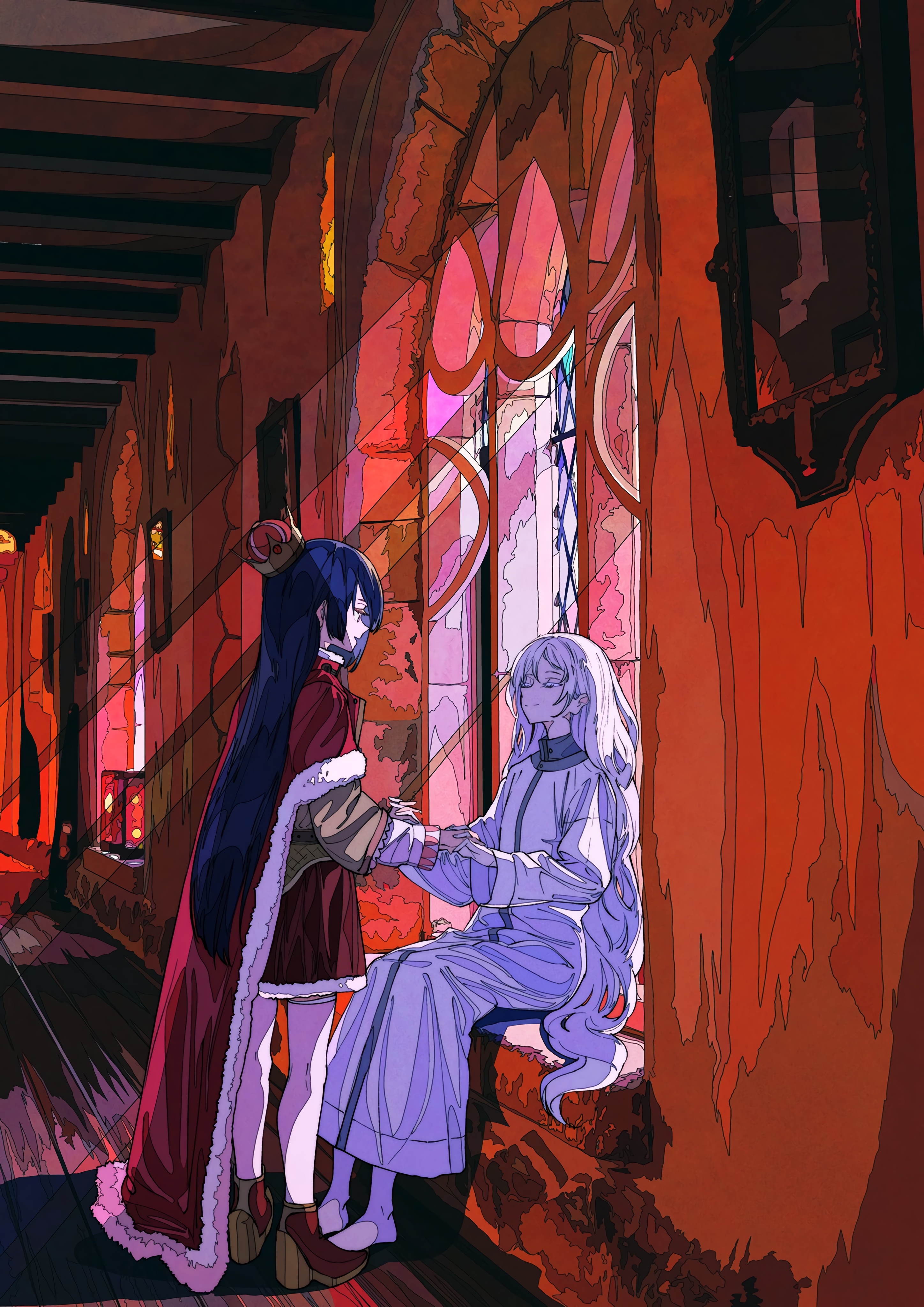Two girls in a sunlit hallway with stained glass windows HD Phone Wallpaper