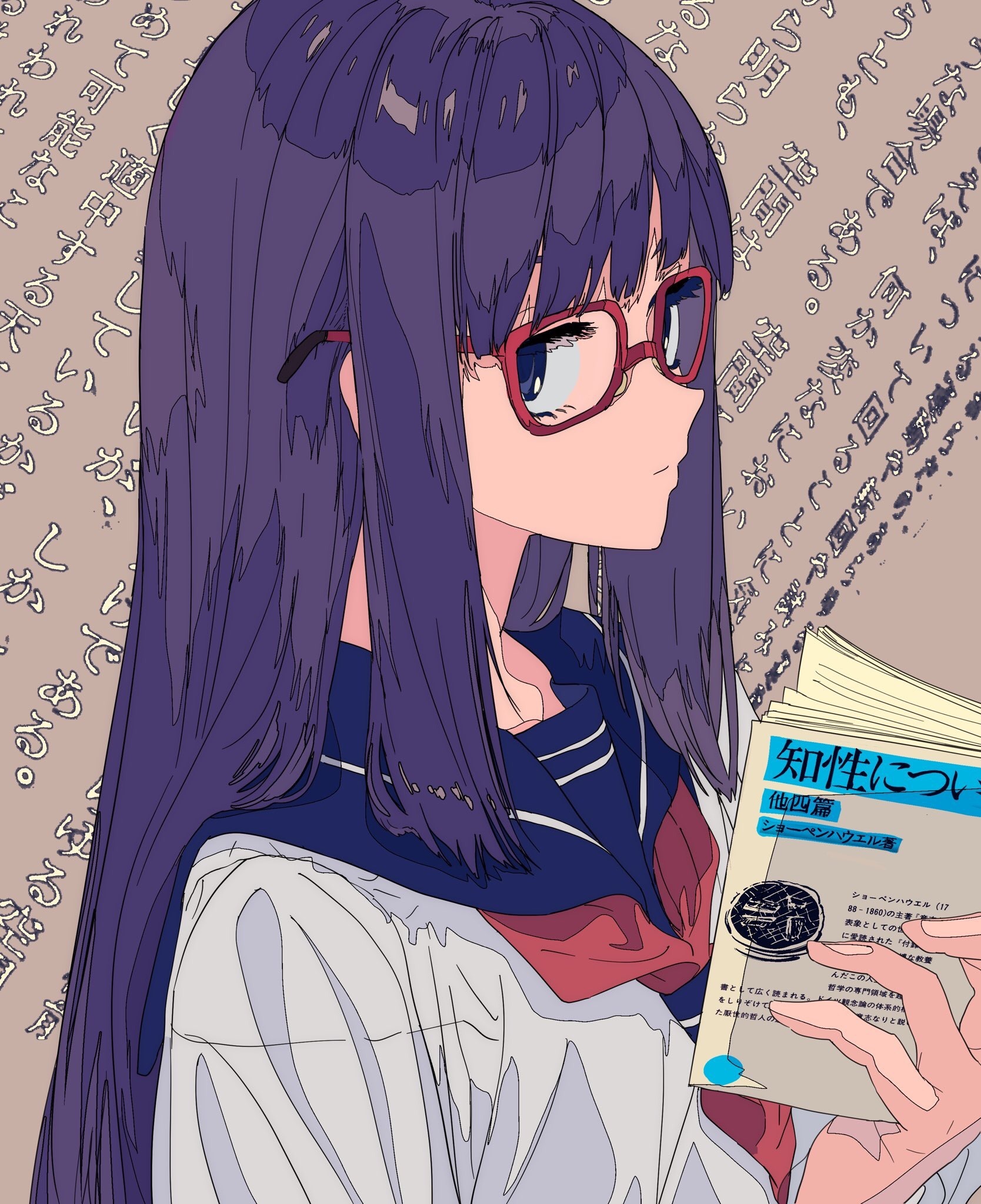 Anime girl with glasses reading a book HD Phone Wallpaper