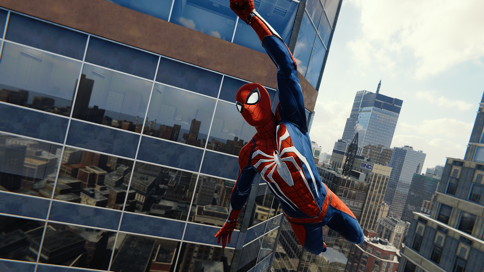 Spider-Man swinging through a city HD Wallpaper