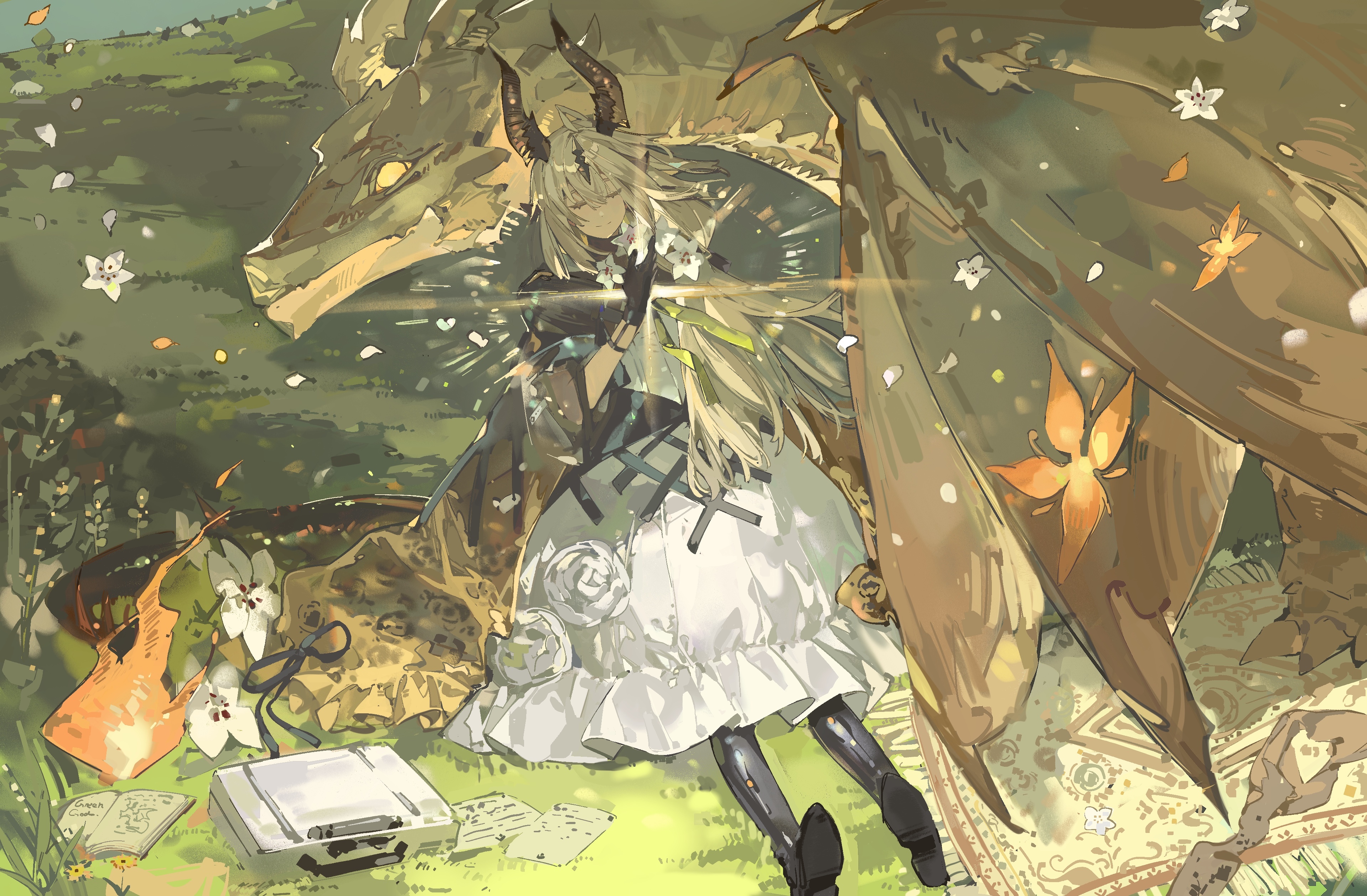 Dragon girl with horns and dragon in a grassy field HD Wallpaper