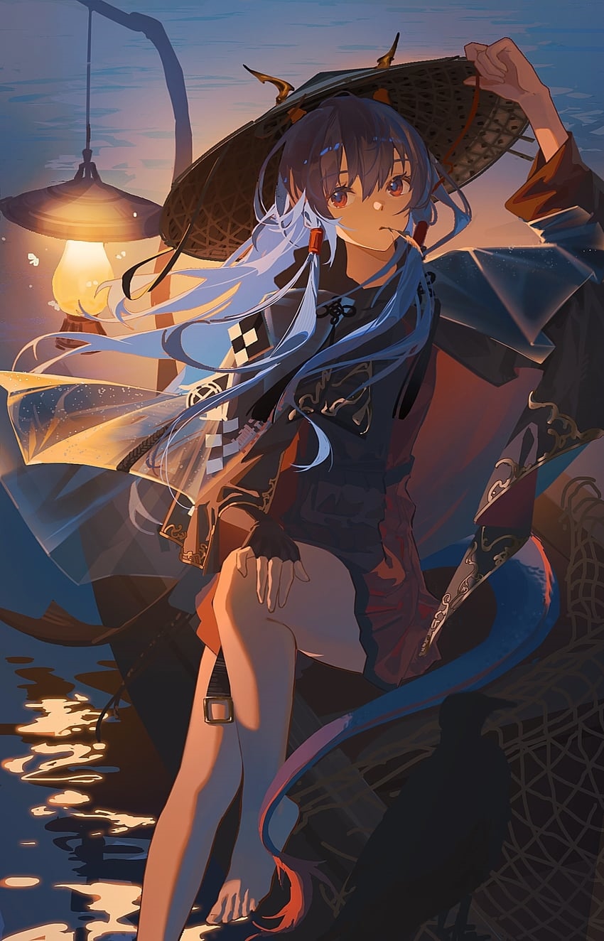 Chen from Arknights with a lantern and hat HD Phone Wallpaper