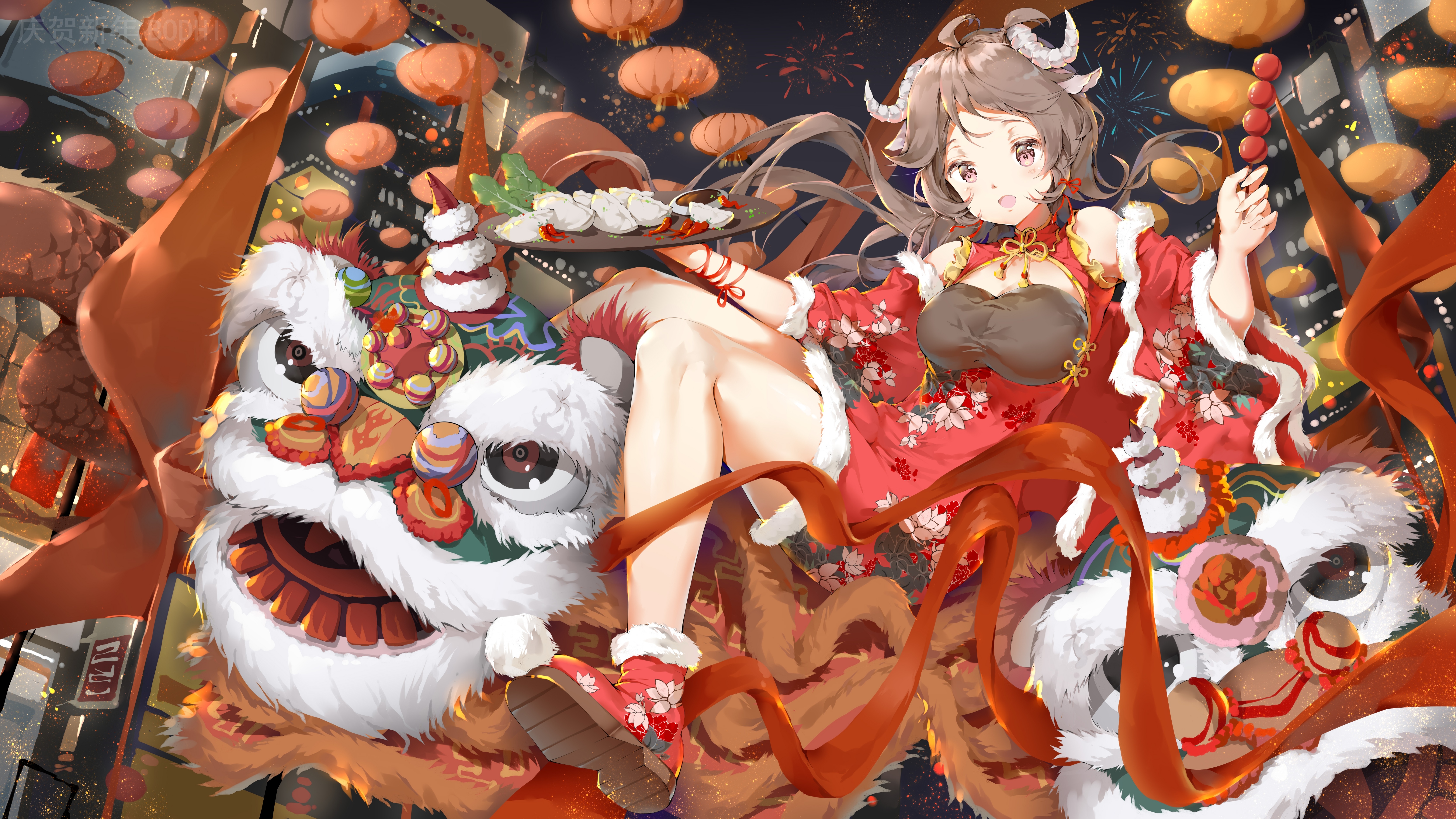 Arknights Eyjafjalla in Chinese Dress with Lion Dance HD Wallpaper