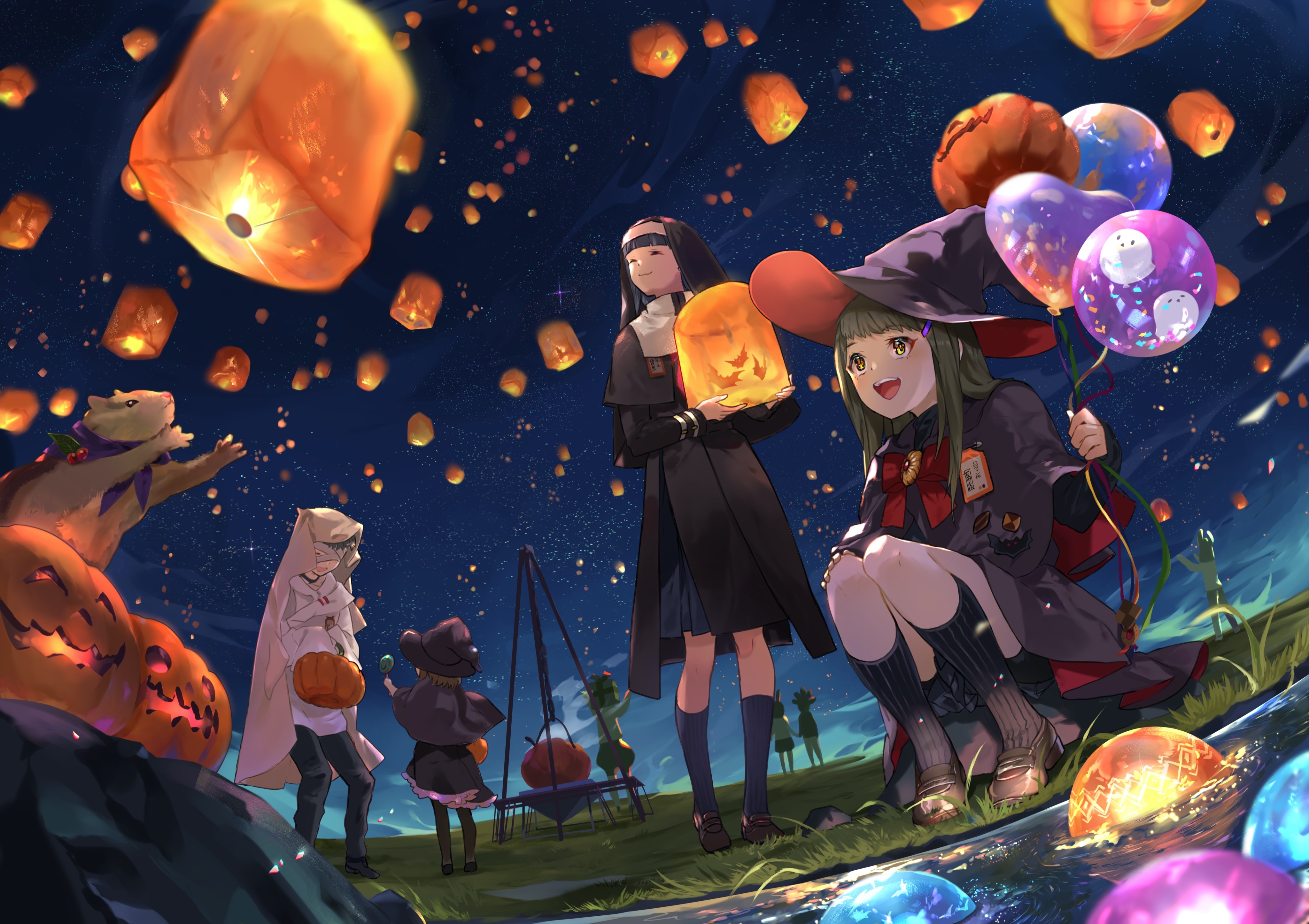 Halloween Night with Sky Lanterns and Costumed Characters HD Wallpaper