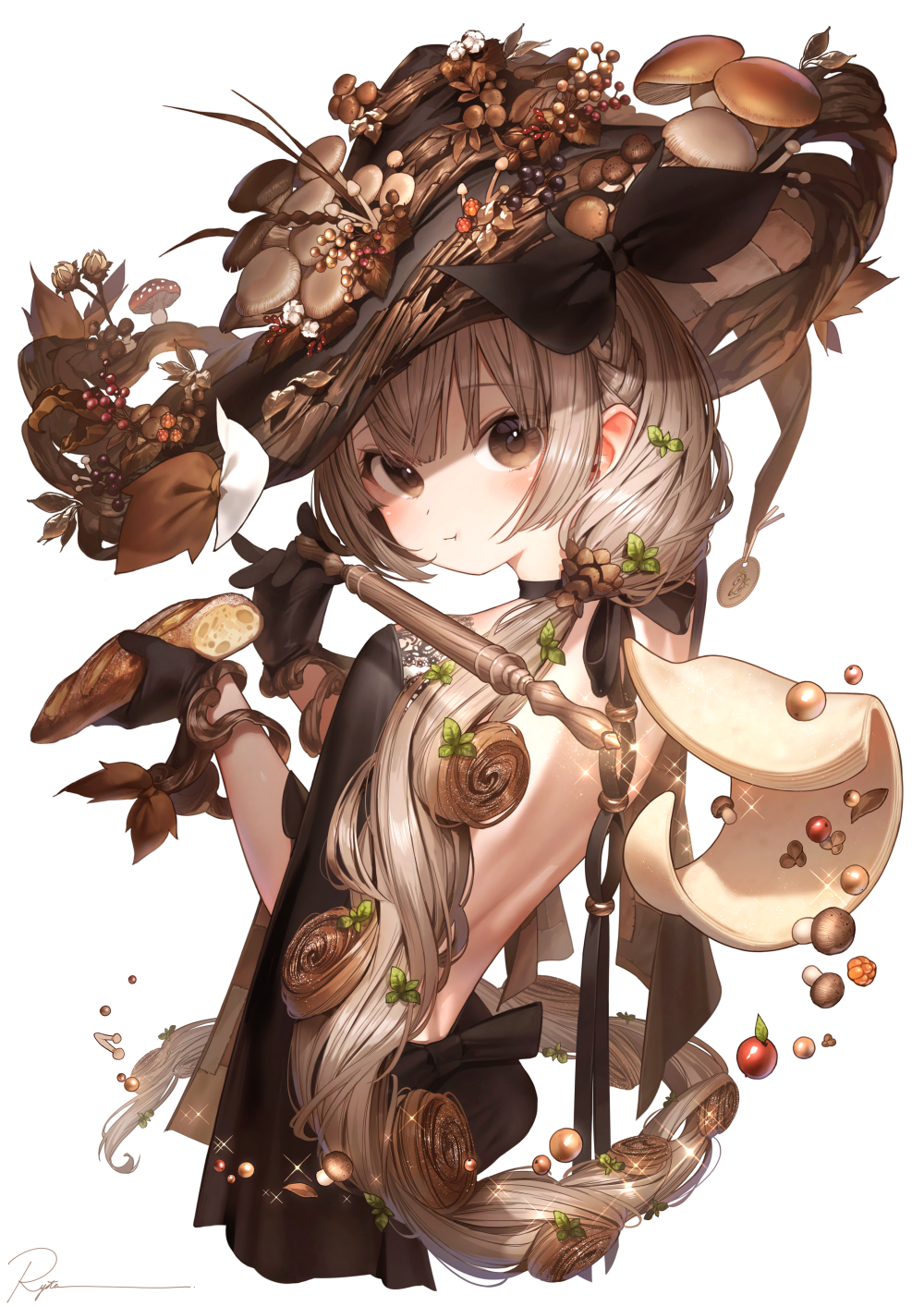 Girl in a mushroom hat holding bread HD Phone Wallpaper
