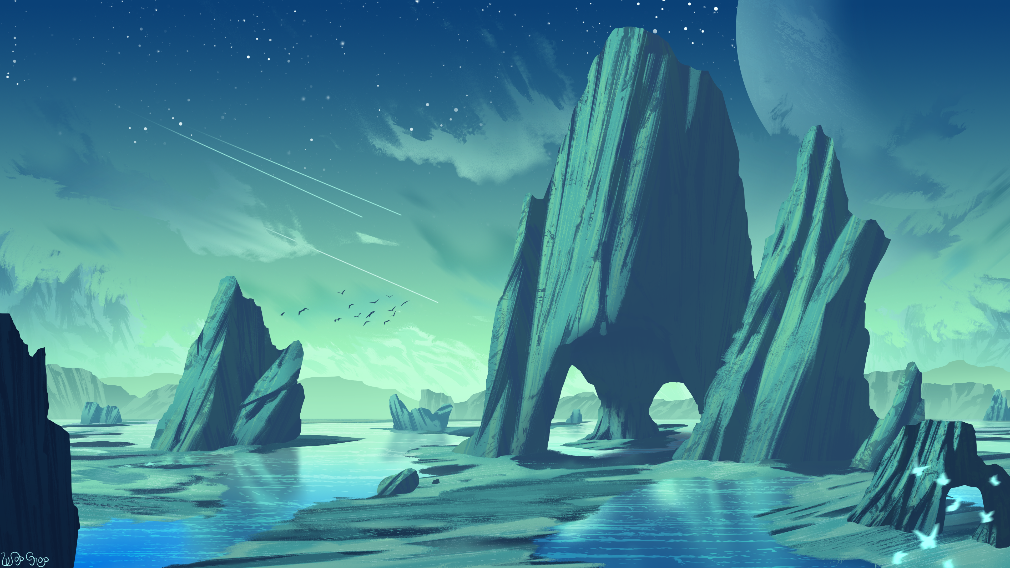 Fantasy landscape with rock formations and stars HD Wallpaper