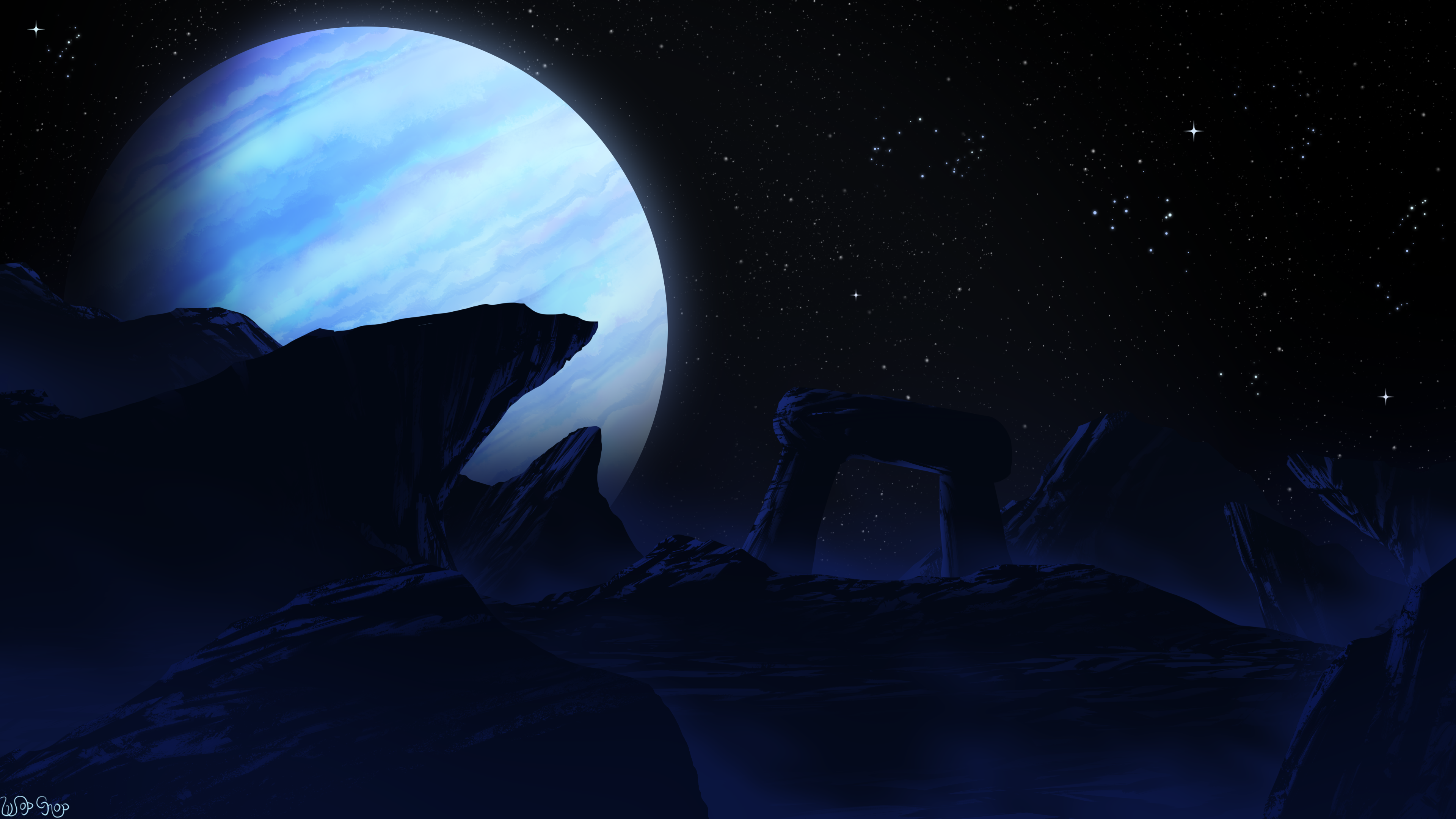 4K Planet and Rock Formations Under Starry Night Sky HD Wallpaper