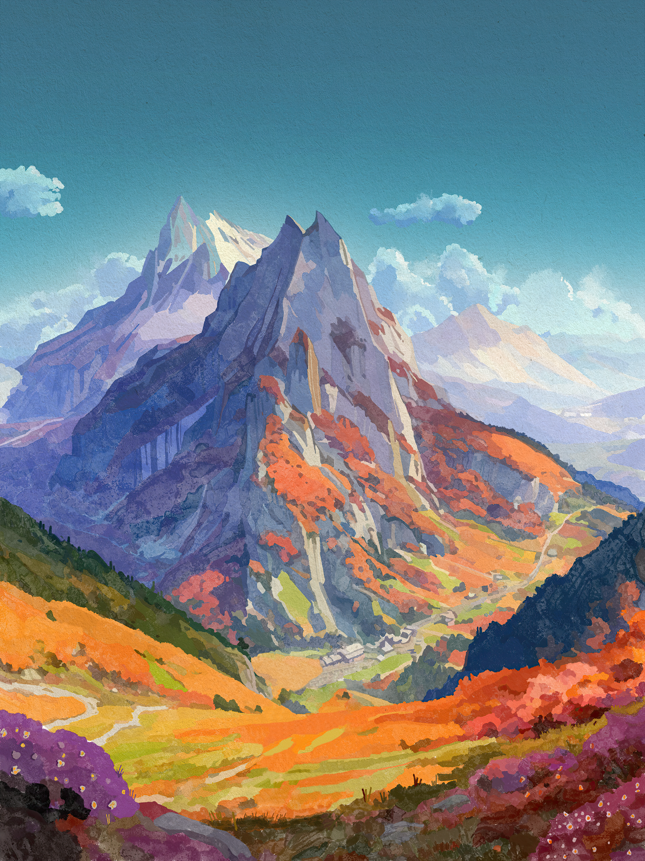 Autumnal mountains with a village nestled in the valley HD Phone Wallpaper