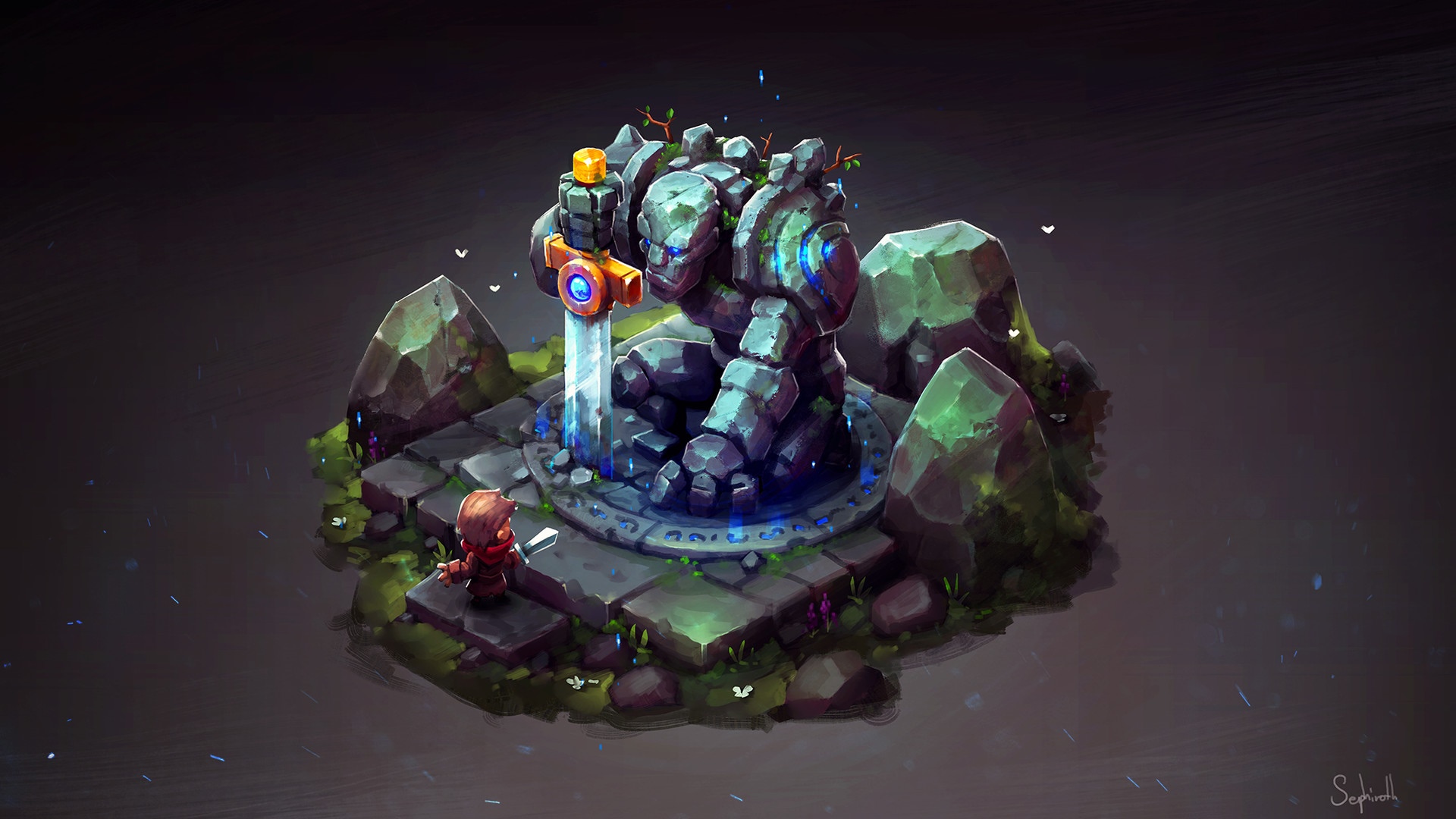 Golem holding a sword with a small figure HD Wallpaper