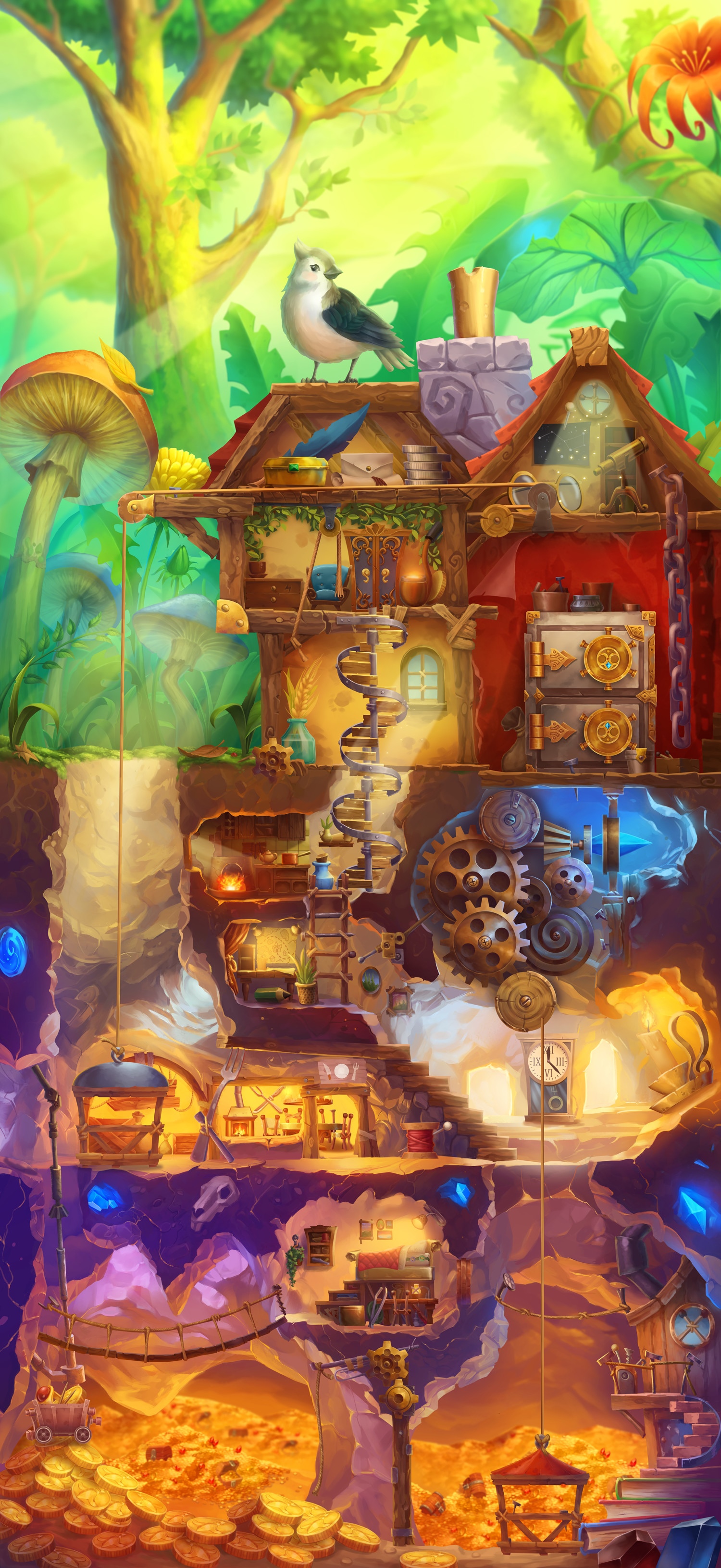 Cross section of a fantasy house with a bird and treasure HD Phone Wallpaper