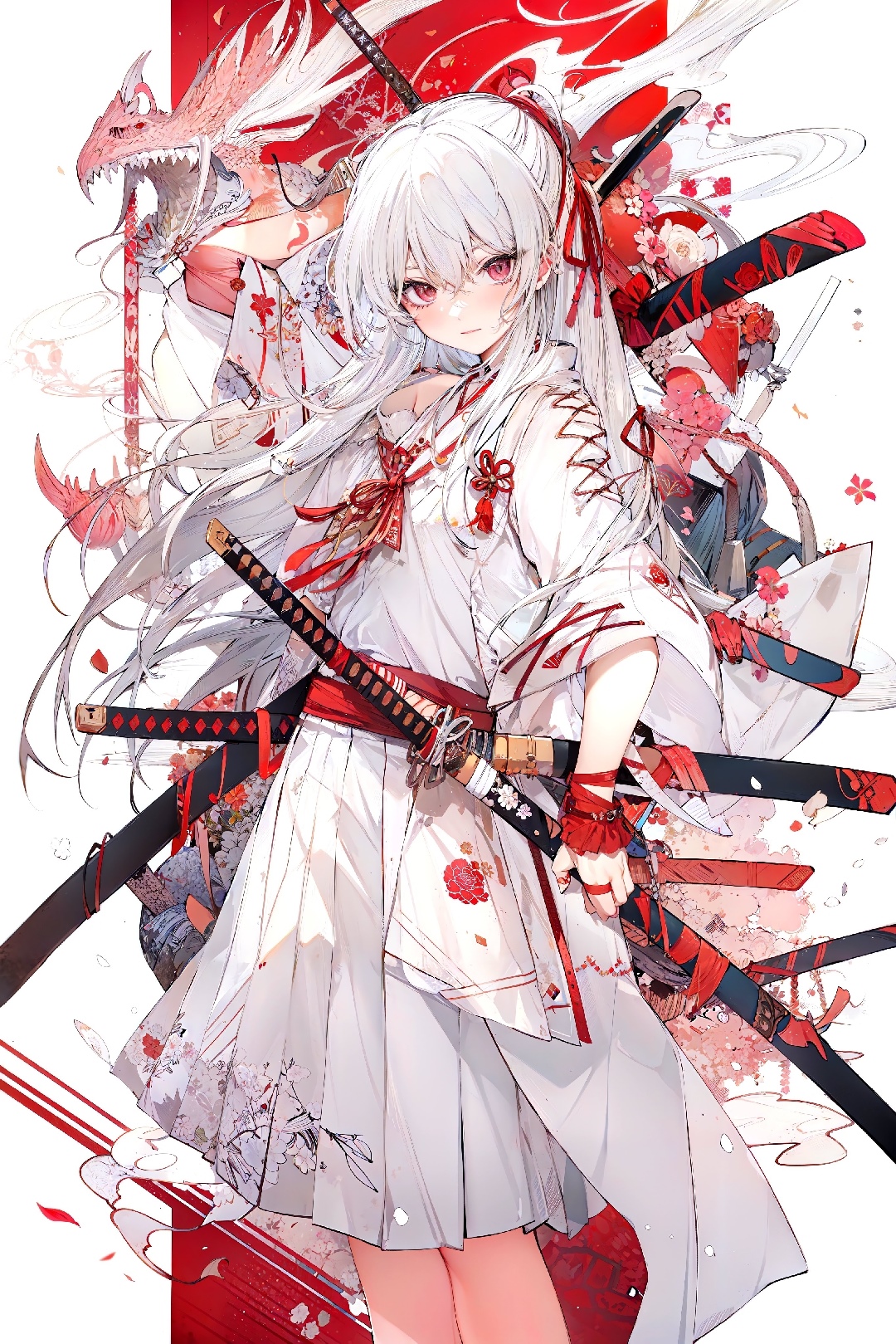 Anime girl with white hair and swords HD Phone Wallpaper