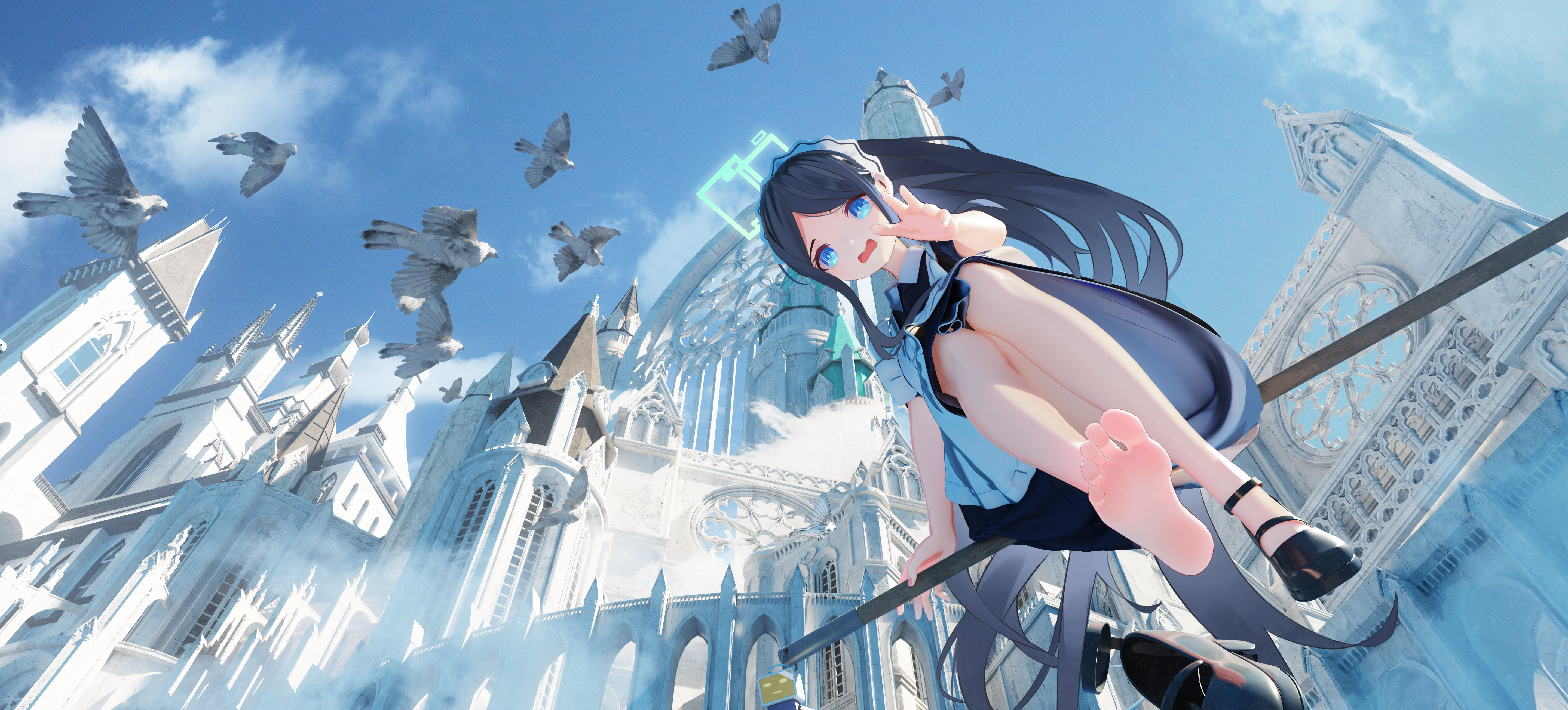 Anime girl with halo and birds near cathedral HD Wallpaper