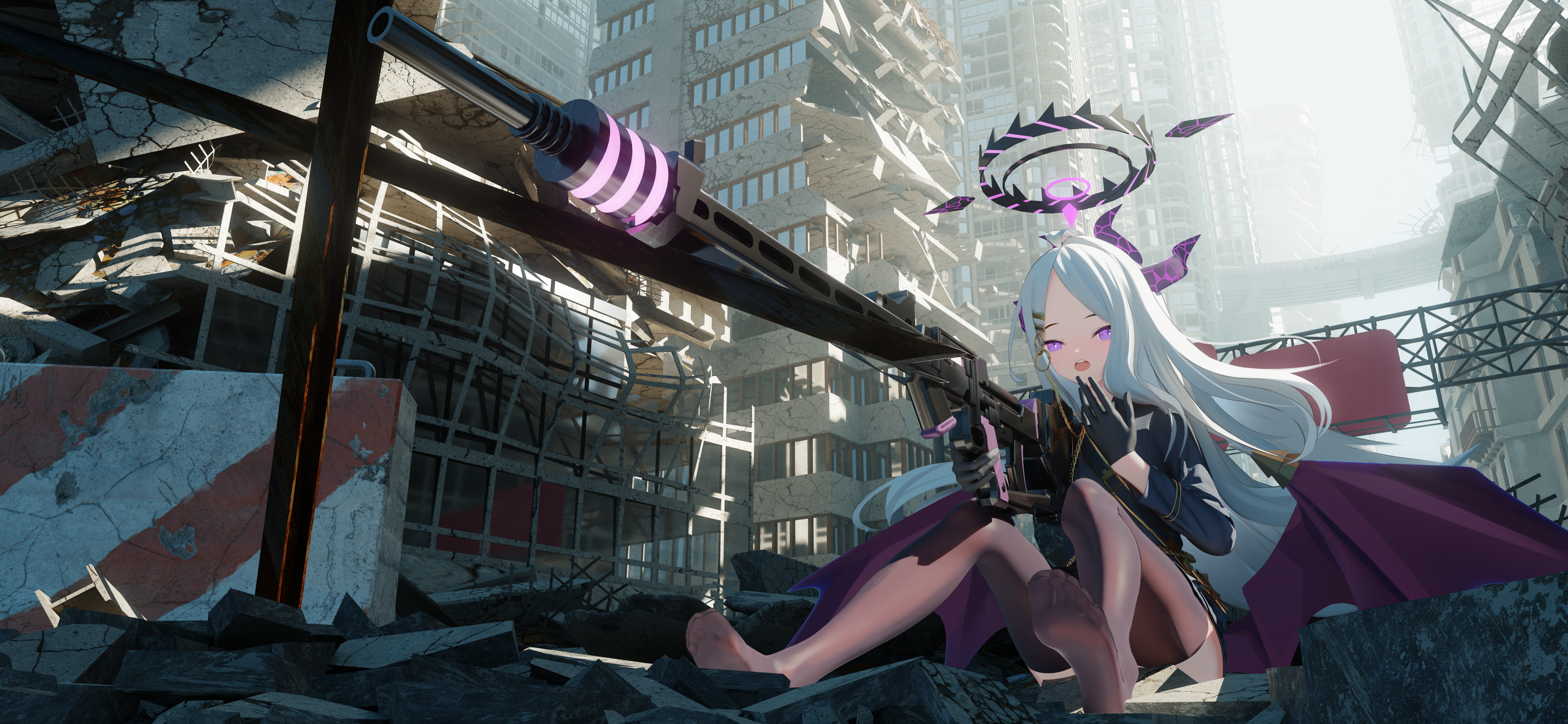 Sorasaki Hina with a gun in a ruined city HD Wallpaper