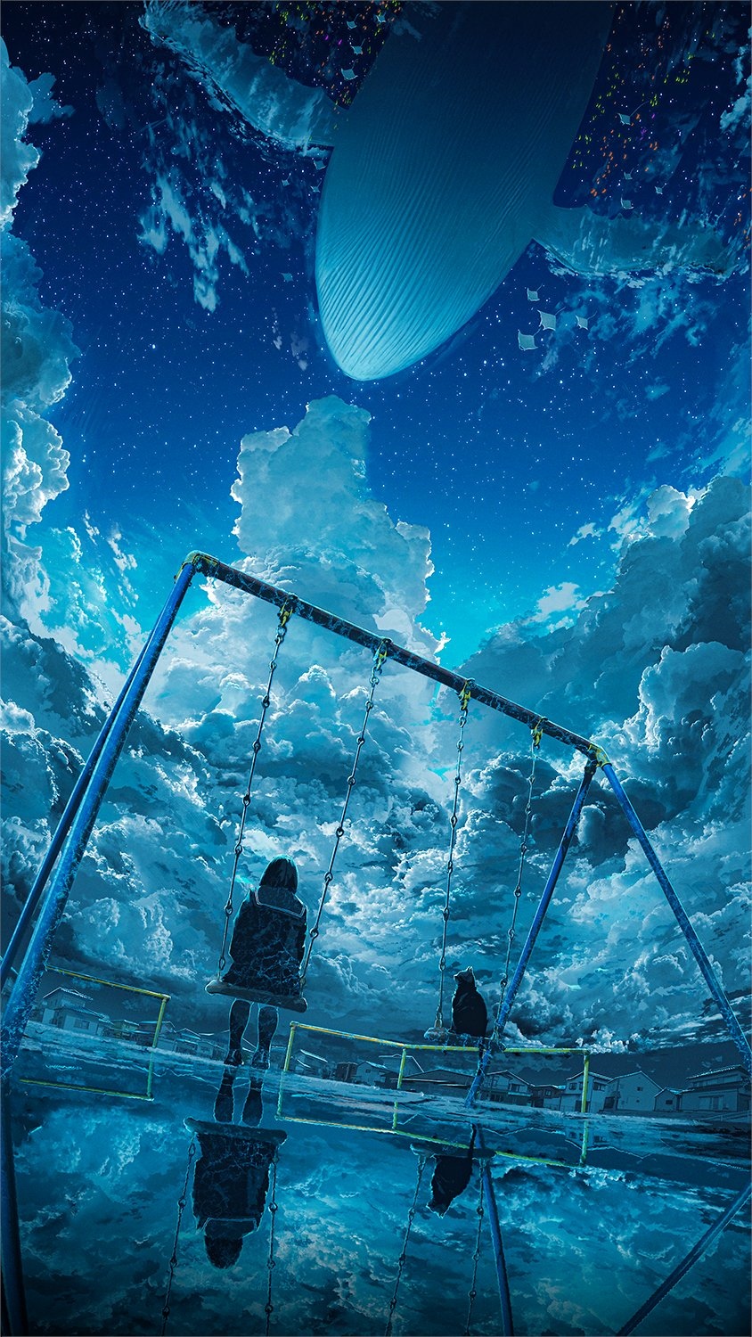 Girl on swing under flying whale and starry sky HD Phone Wallpaper