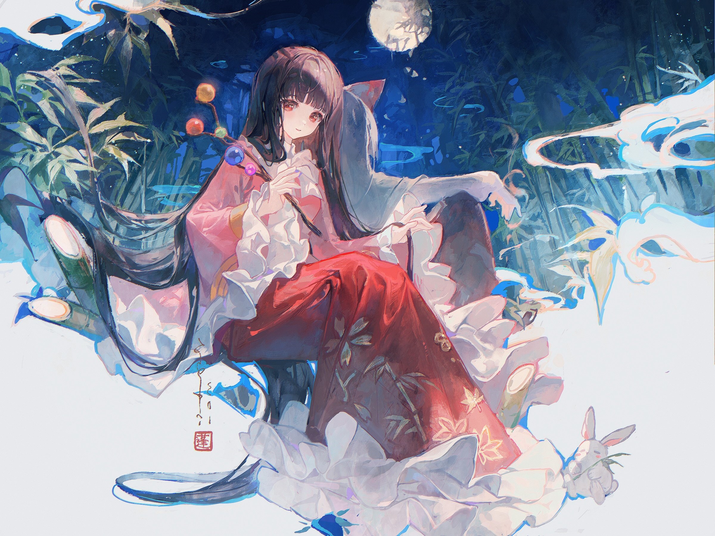 Fujiwara no Mokou and Houraisan Kaguya in a Bamboo Forest HD Wallpaper