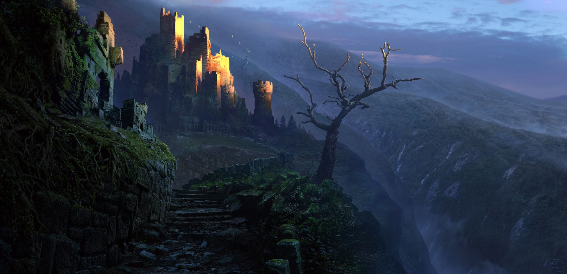Castle ruins on a mountain path at sunset HD Wallpaper