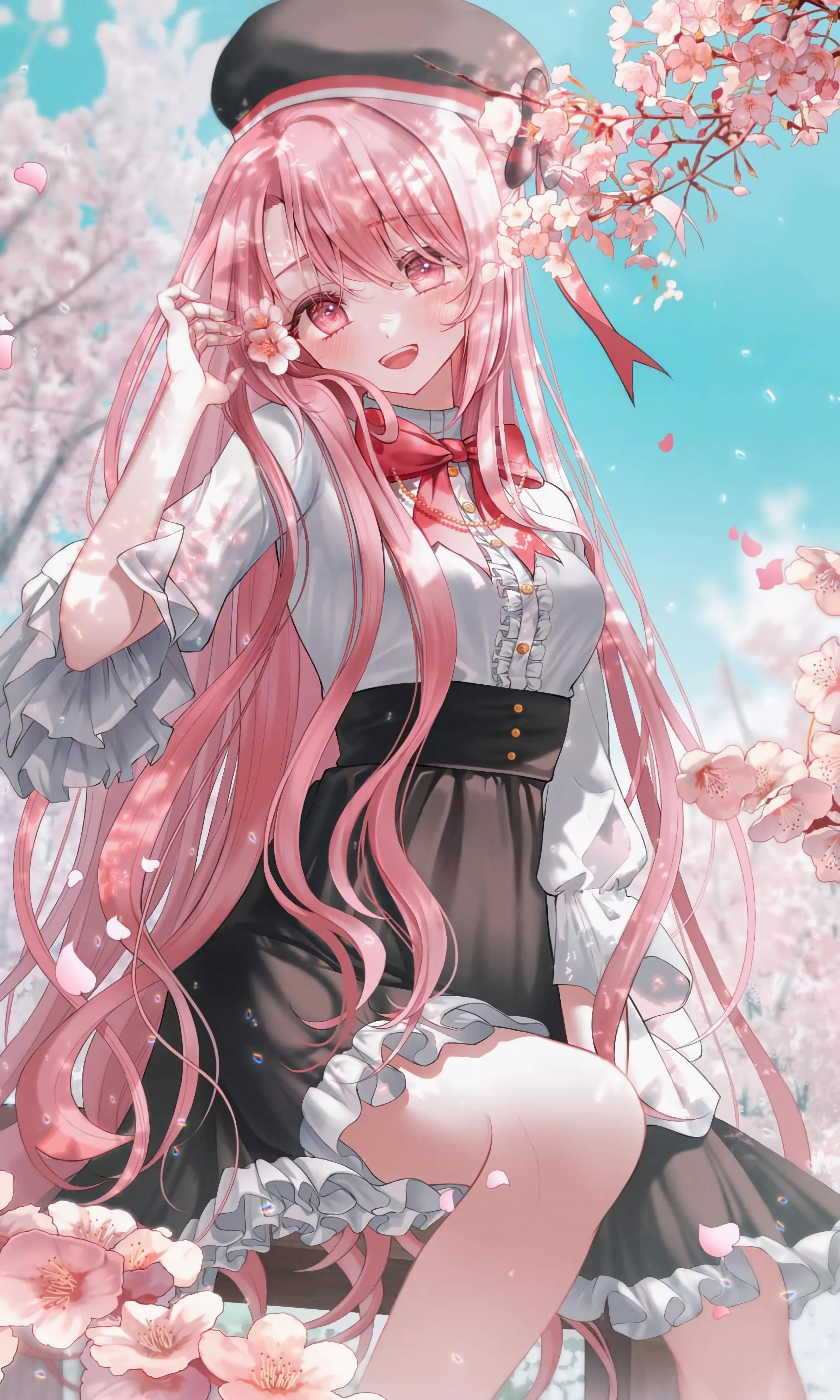 4K Anime Girl with Pink Hair and Cherry Blossoms HD Phone Wallpaper