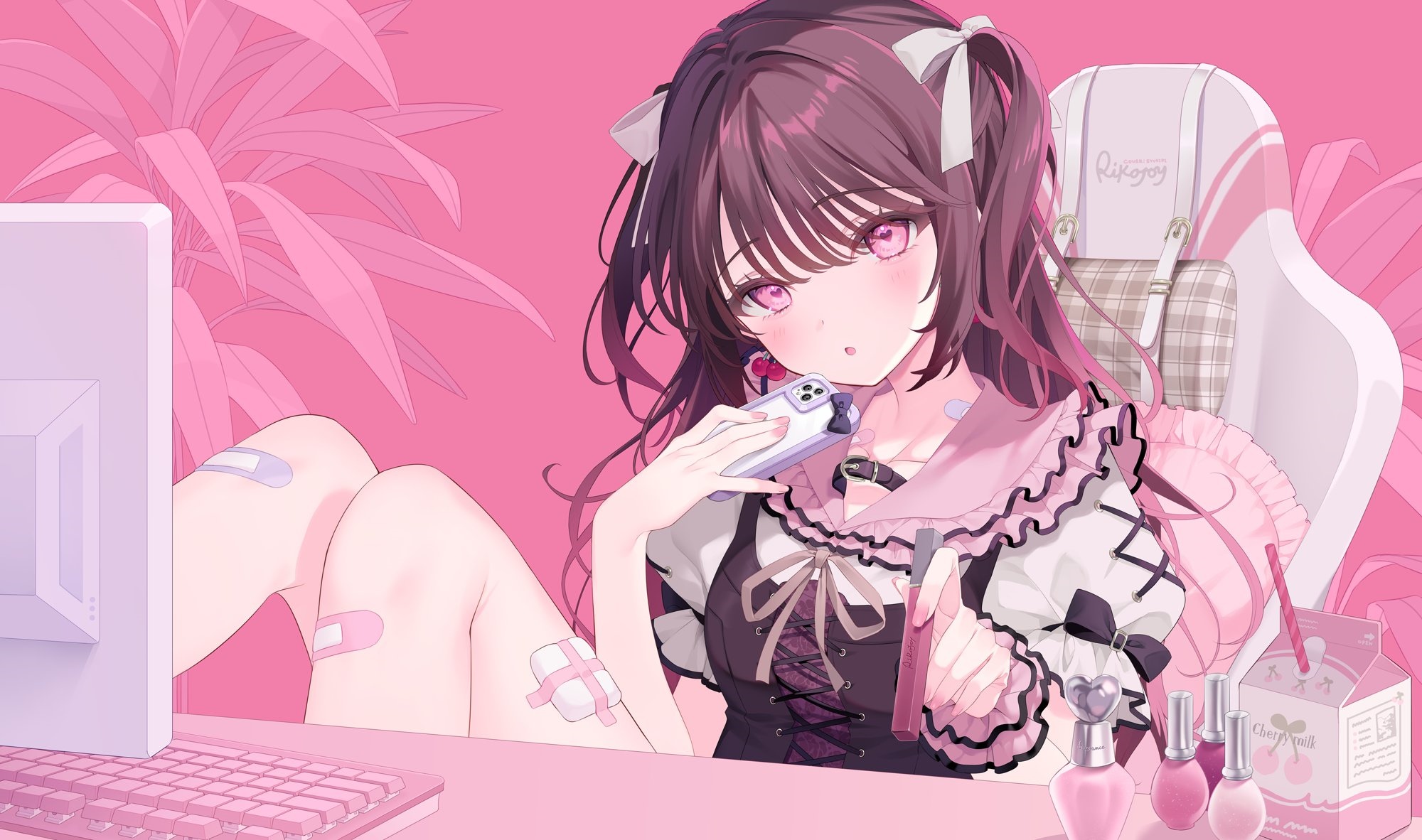 Girl with phone and makeup in a pink room HD Wallpaper