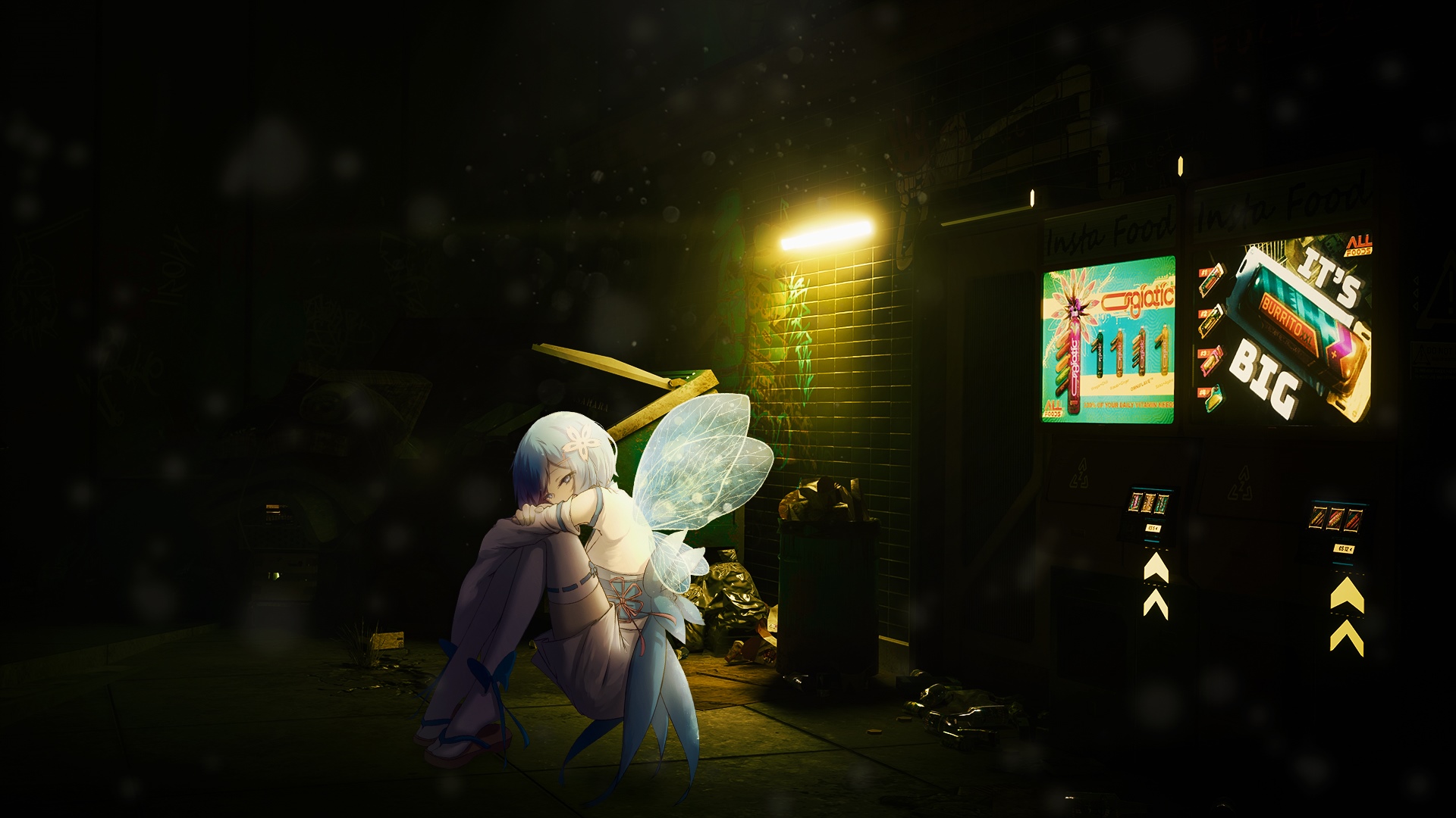 Fairy girl with blue hair and butterfly wings in an alley HD Wallpaper