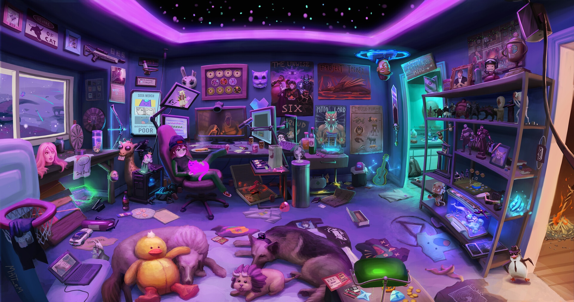 Futuristic purple room with gaming setup and figures HD Wallpaper