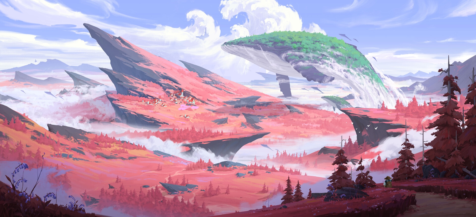 Whale island and red mountains with village HD Wallpaper