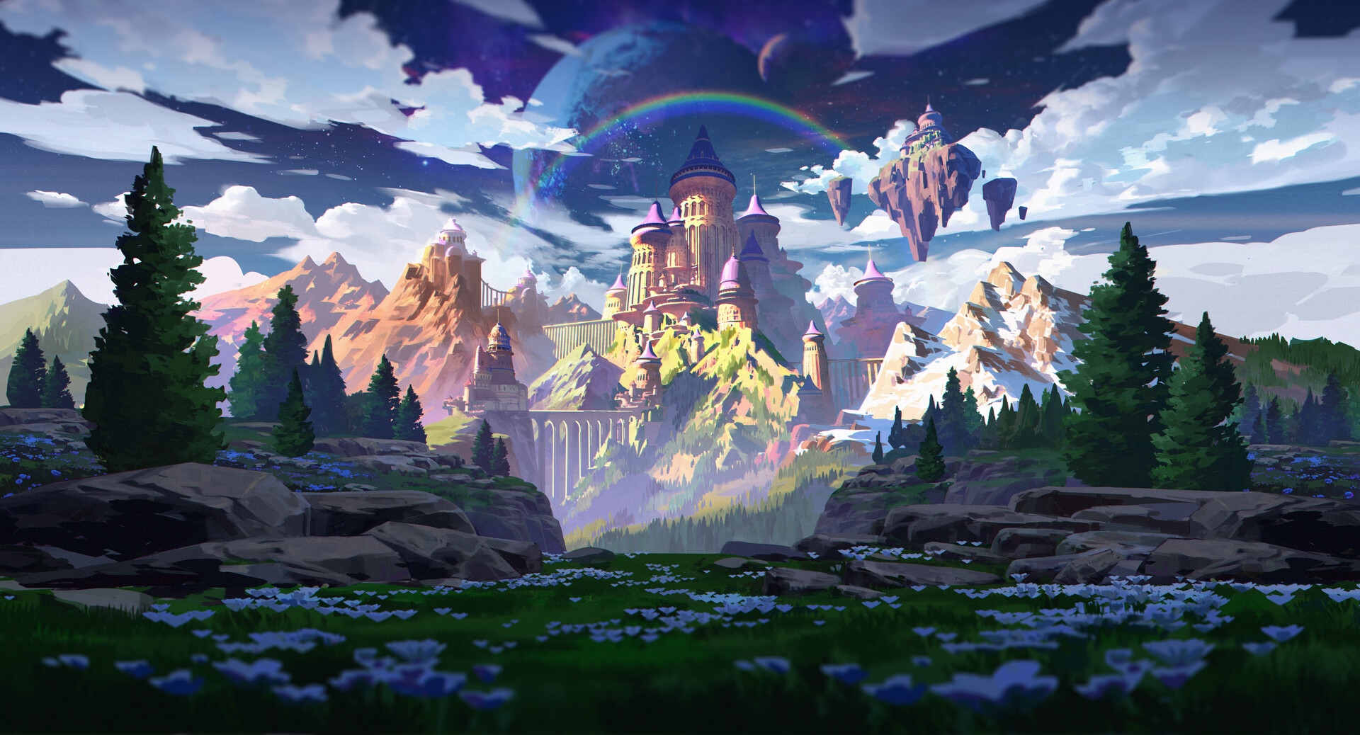 Fantasy castle on a mountain with floating islands and a rainbow HD Wallpaper