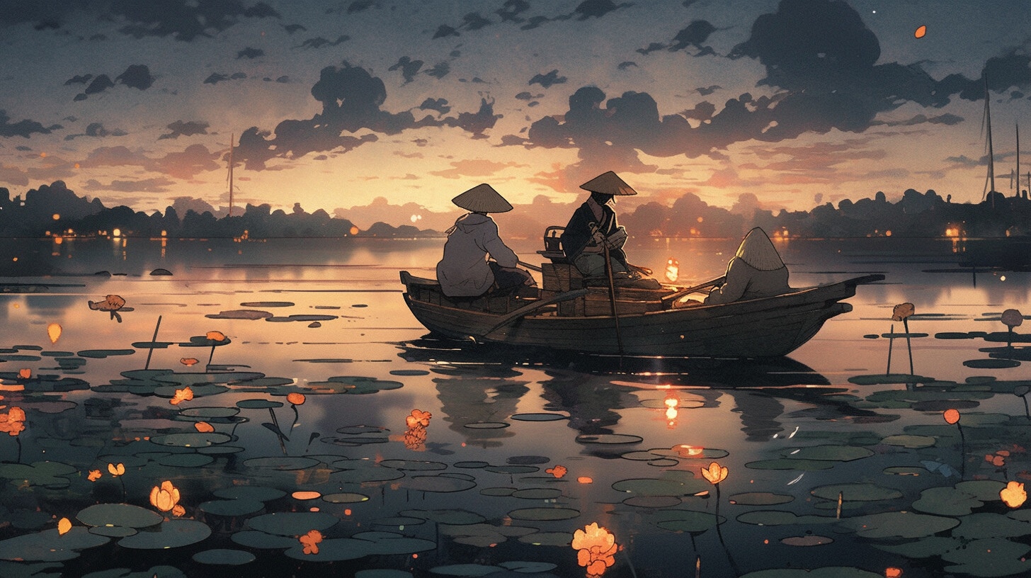 Two people in a boat on a lake at sunset HD Wallpaper
