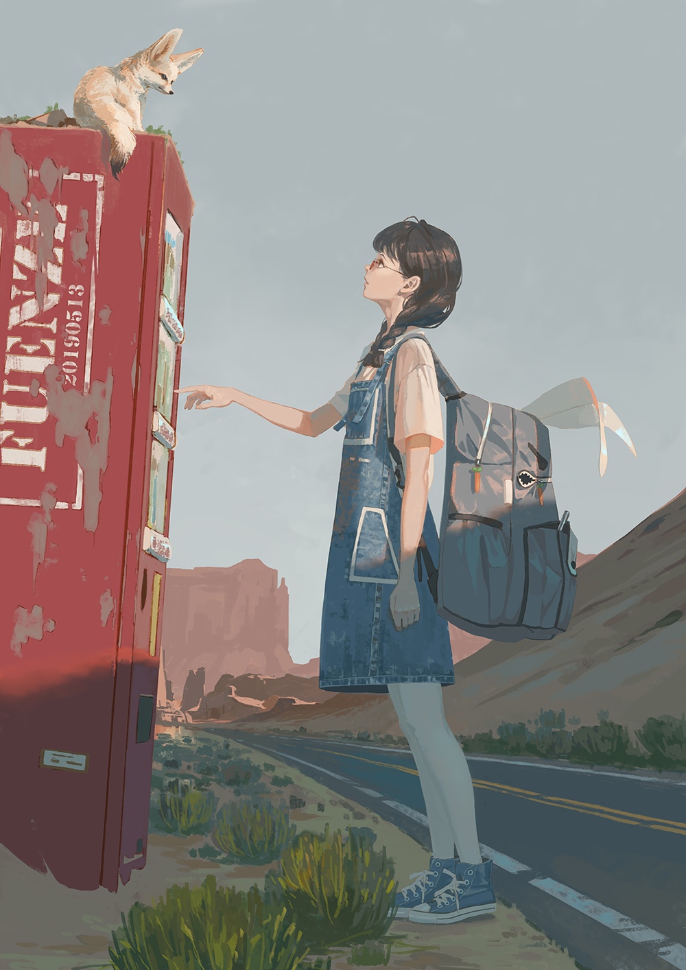 Girl and Fox at a Desert Vending Machine HD Phone Wallpaper