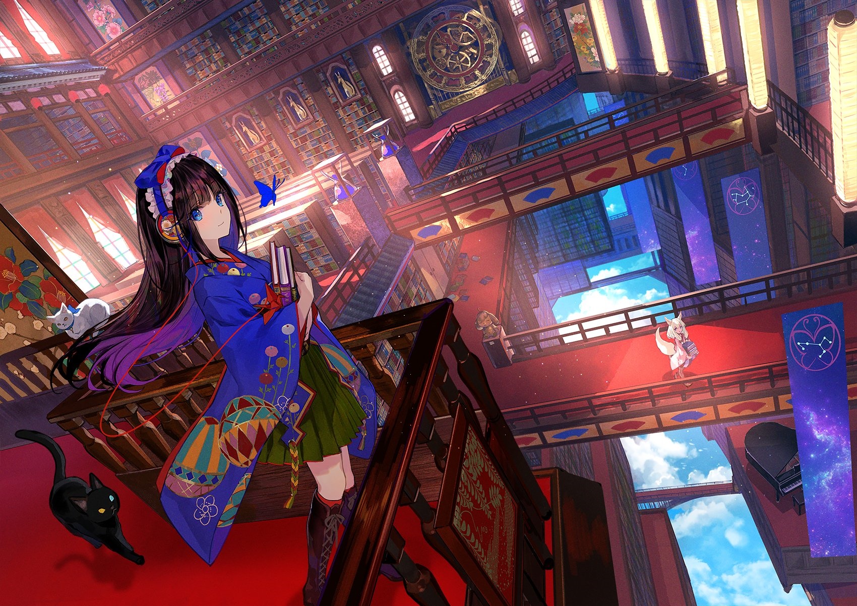 Anime girl in a library with cats and a fox girl HD Wallpaper