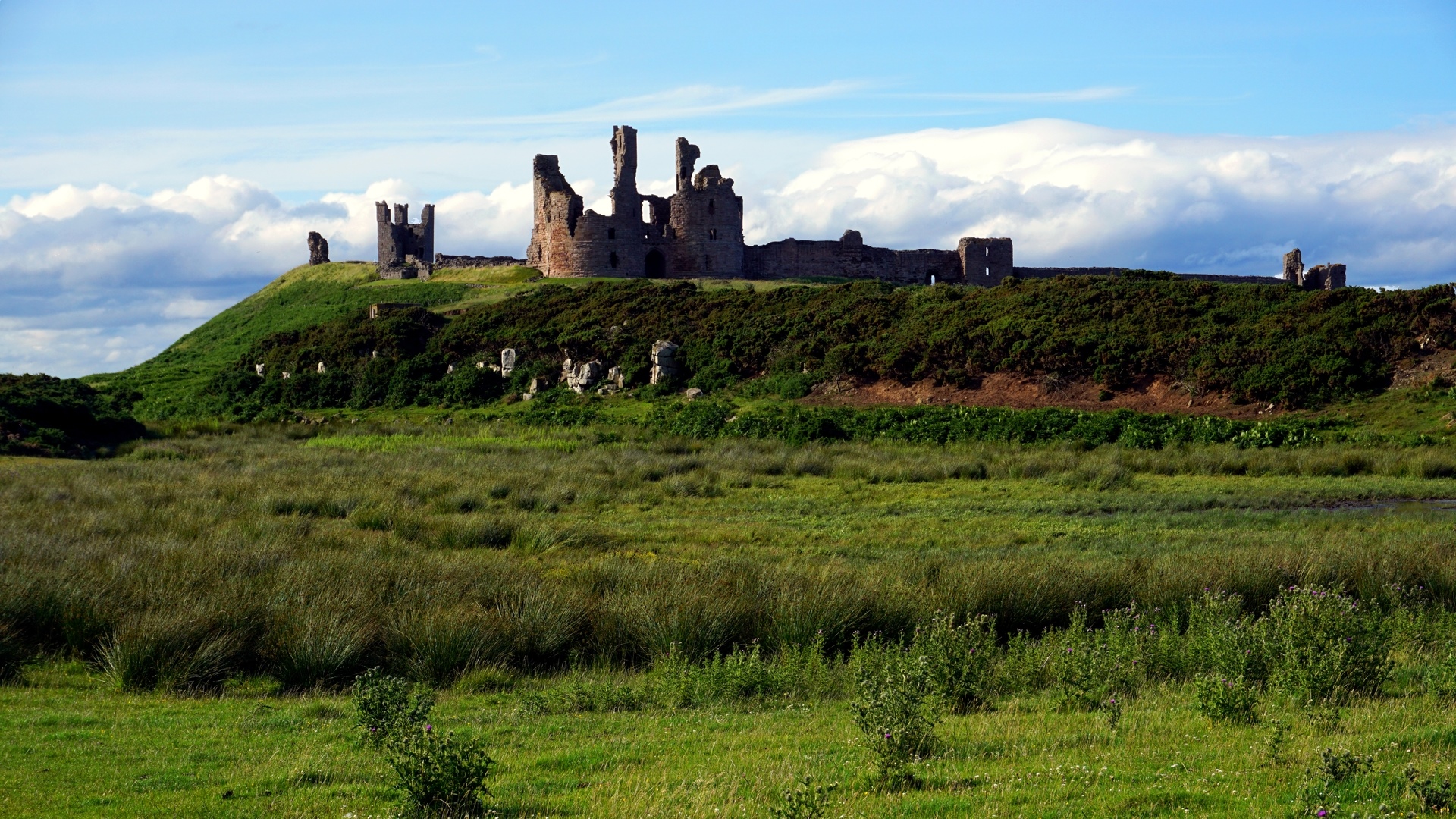 Dunstanburgh Castle ruins on a grassy hill in Northumberland HD Wallpaper
