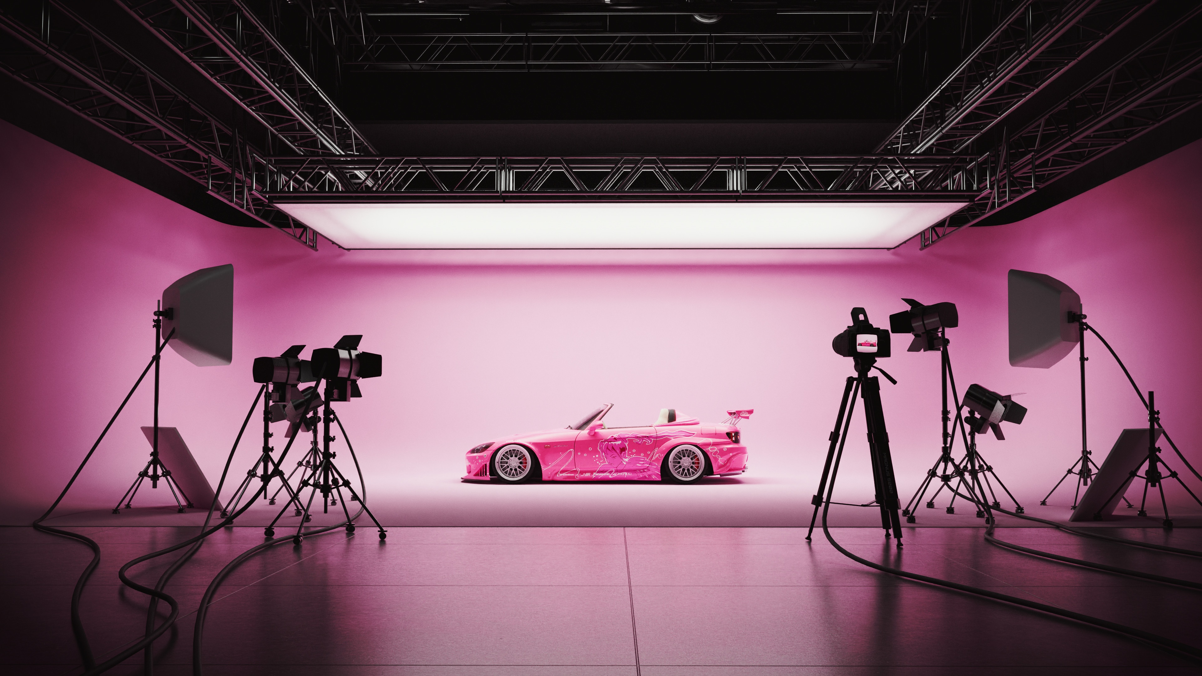 Pink convertible car in a studio with cameras HD Wallpaper