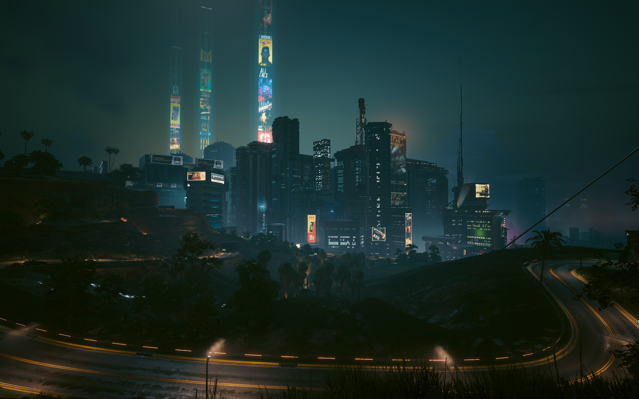 Cyberpunk 2077 city skyline at night with roads HD Wallpaper